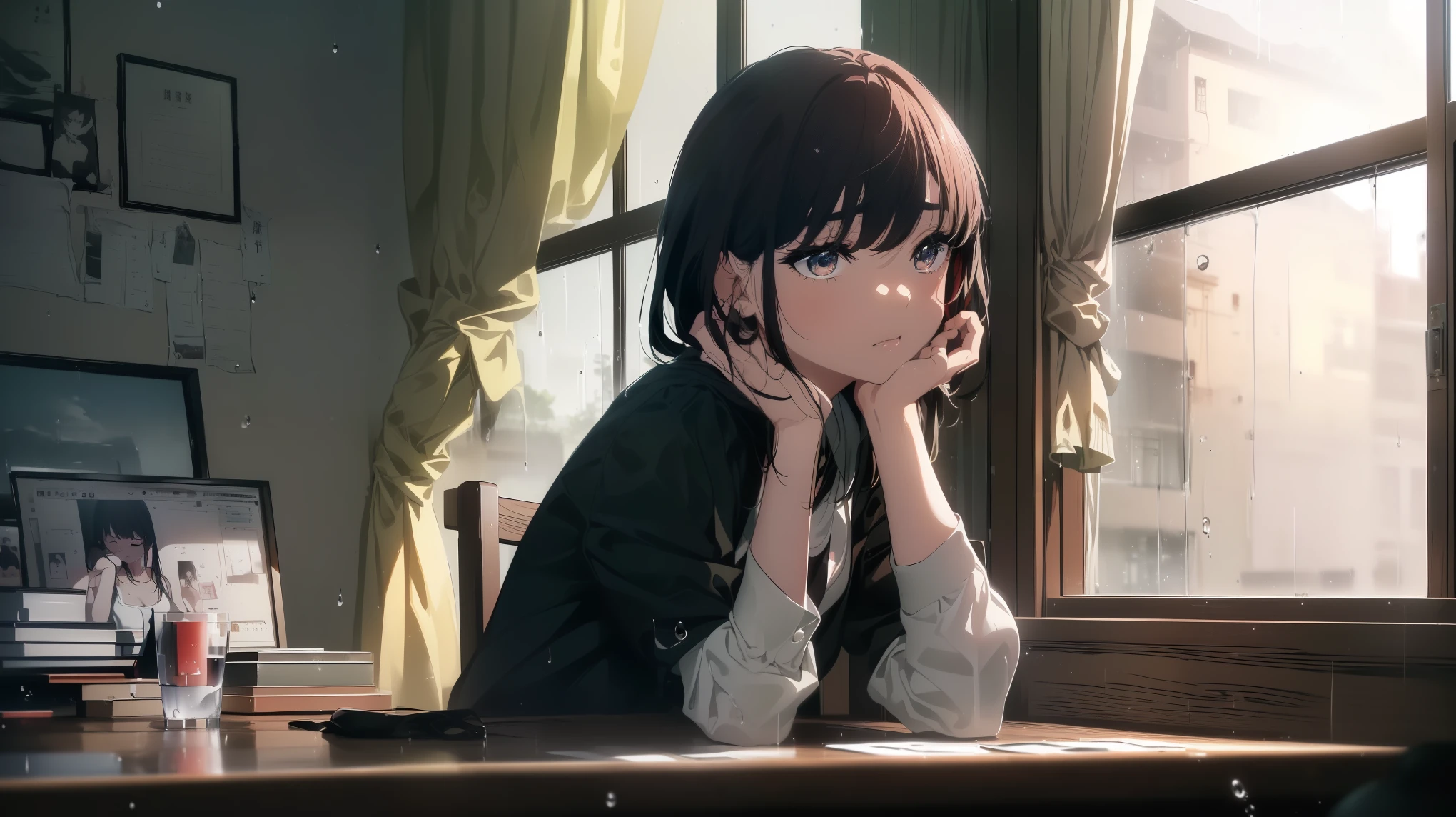 ((((傑作, 最高の品質, 超高解像度)))), An American girl is sleeping at her desk and the girl looks like actress Michelle Pfeiffer. There is heavy rain and thunder and lightning outside the window, and raindrops are hitting the window.,