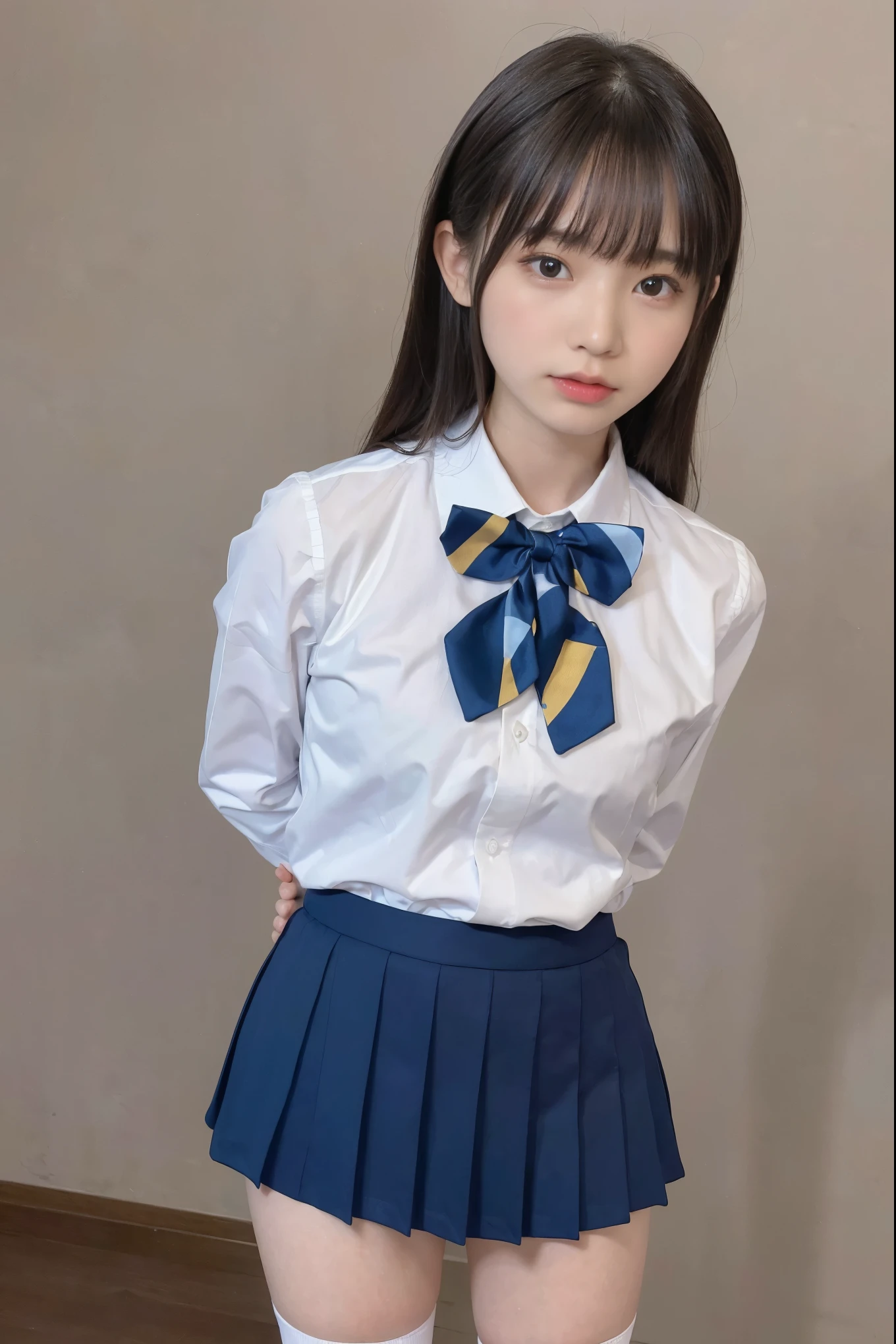 (8x_NMKD-Superscale_150000_G),(8K, Super high quality,highest quality),(masterpiece:1.5),(girls),(),(lying on back),(arms behind back:1.5),(Bow Tie,school uniform,High Socks),Japanese female students lined up after being restrained by enemy countries