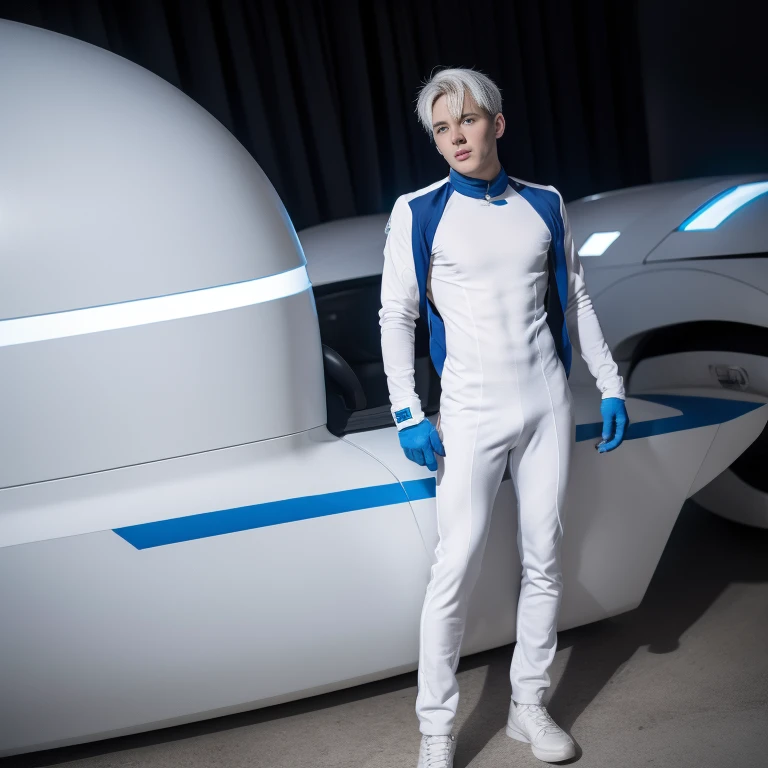 body suit, white and blue suit, futuristic suit, white gauntlets, white gloves, white hands, skin tight bodysuit, toned male, ager, young male, bodysuit, futuristic, sci fi, hands seen, hair visible, solo male, full body seen, white hair