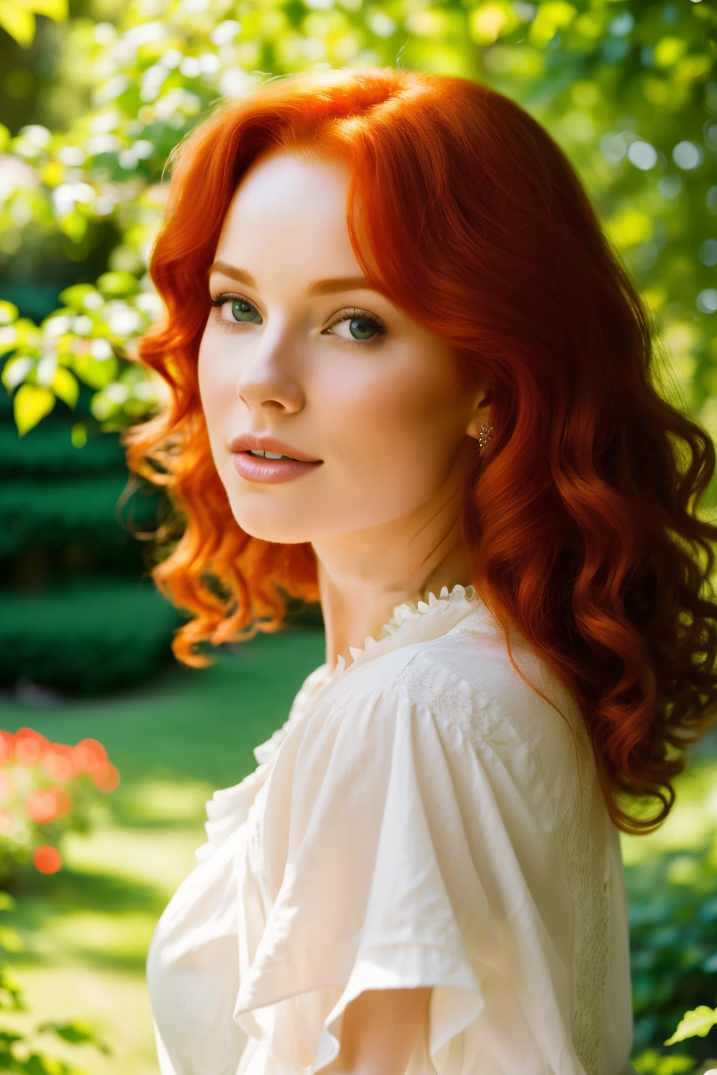 A captivating redheaded woman, her hair cascading in fiery curls, blows a playful kiss towards the camera. The scene is set in an idyllic garden, bathed in soft, warm sunlight filtering through the leaves of the trees. The overall composition is an arresting 9:16 aspect ratio, framing the woman's face and shoulders beautifully, with her expressive eyes sparkling with mischief and warmth. The image is further enhanced by sharp focus, adding an air of intimacy and charm to this moment. (belle redhead, blows a kiss, 9:16 aspect ratio, soft sunlight, garden setting, idyllic scene, sharp focus,