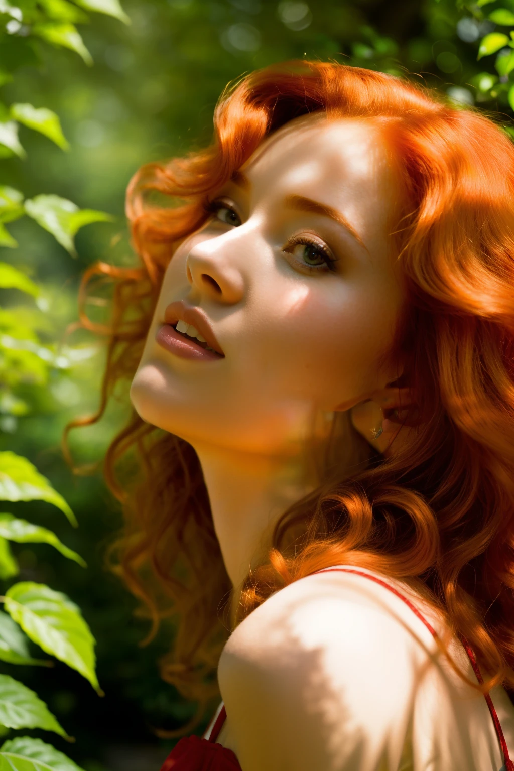 A captivating redheaded woman, her hair cascading in fiery curls, blows a playful kiss towards the camera. The scene is set in an idyllic garden, bathed in soft, warm sunlight filtering through the leaves of the trees. The overall composition is an arresting 9:16 aspect ratio, framing the woman's face and shoulders beautifully, with her expressive eyes sparkling with mischief and warmth. The image is further enhanced by sharp focus, adding an air of intimacy and charm to this moment. (belle redhead, blows a kiss, 9:16 aspect ratio, soft sunlight, garden setting, idyllic scene, sharp focus,