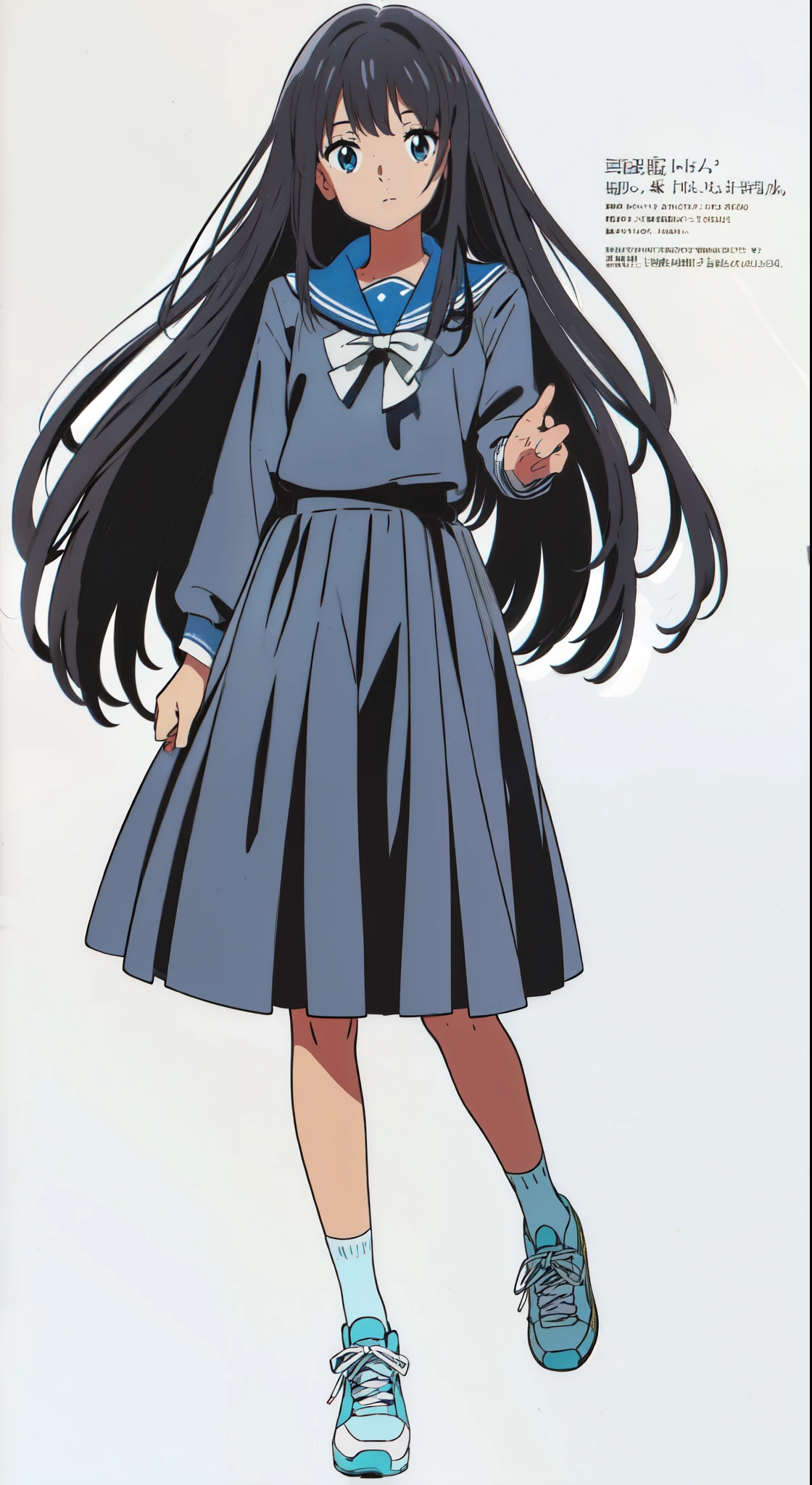 (white background:1.0), (best quality:1.0), (masterpiece:1.0), (super fine illustration:1.0), (beautiful artwork:1.0), (anime screencap:1.0), (official art:1.0), (full body:1.0), (solo:1.0), (a 15yo cute girl:1.0), (long skirt:1.0), (dark blue skirt:1.0), (pleated skirt:1.0), (dark blue sailor uniform:1.0), (long sleeve sailor uniform:1.0), (sneakers:1.0), (white socks:1.0), (ideal ratio body proportions:1.0), (lanky:1.0), (tall:1.0), (slender:1.0), (small breasts:1.0), (smaller face:1.0), (tareme:1.0), (detailed beautiful eyes:1.0), (detailed beautiful face:1.0), (glowing black eyes:1.0), (medium hair:1.0), (black hair:1.0), (standing:1.0), (looking at viewer:1.0)