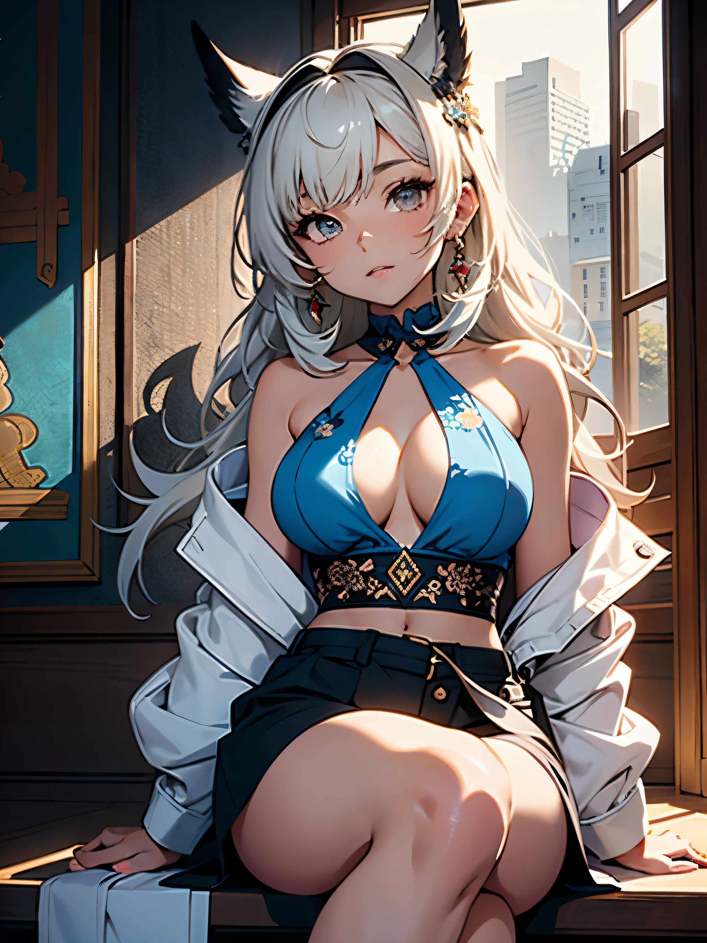 sharp focus, detailed outfit, key visual, (a character illustration by Lü Ji:1.2), an Egyptian woman with natural looking horns on her head, viewed from the waist up, sitting down, (head and body facing viewer straight on), resting her head in her left hand, (facing the viewer), seen from in front, ((wearing a blue floral halter top)), geometric background behind head but cloud background everywhere else, earth tone colors, line art, modernism, natural style, opal colored iris, detailed iris, soft focus, artstation, manga art, soft light, (glow) fresh and lively vibe. ultra detail, vibrant colors, girl, masterpiece, sharp focus, best quality, depth of field, cinematic lighting, correct anatomy,