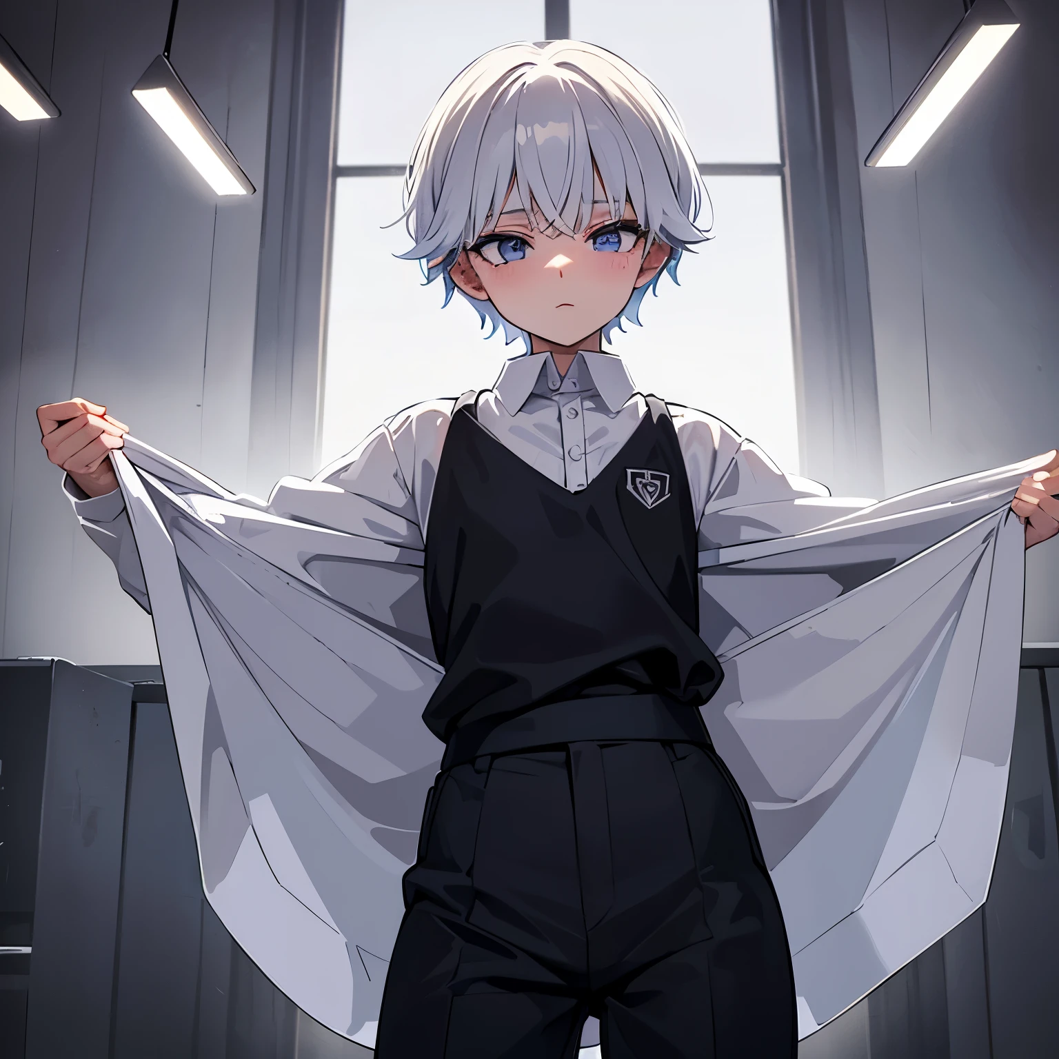 ((obra maestra, Mejor calidad)),(complex lighting),Solo,retrato, 1 chico, cuerpo completo,Killua Zoldyck,pelo blanco, pelo de punta,ojos azules,Camisa blanca, uniforme de gimnasio, camisa de gimnasio, mangas cortas, pantalones cortos amarillos de gimnasio, el material es brillante,piernas abiertas, usando un vestido brillante, entrepierna abultada,desnudo
