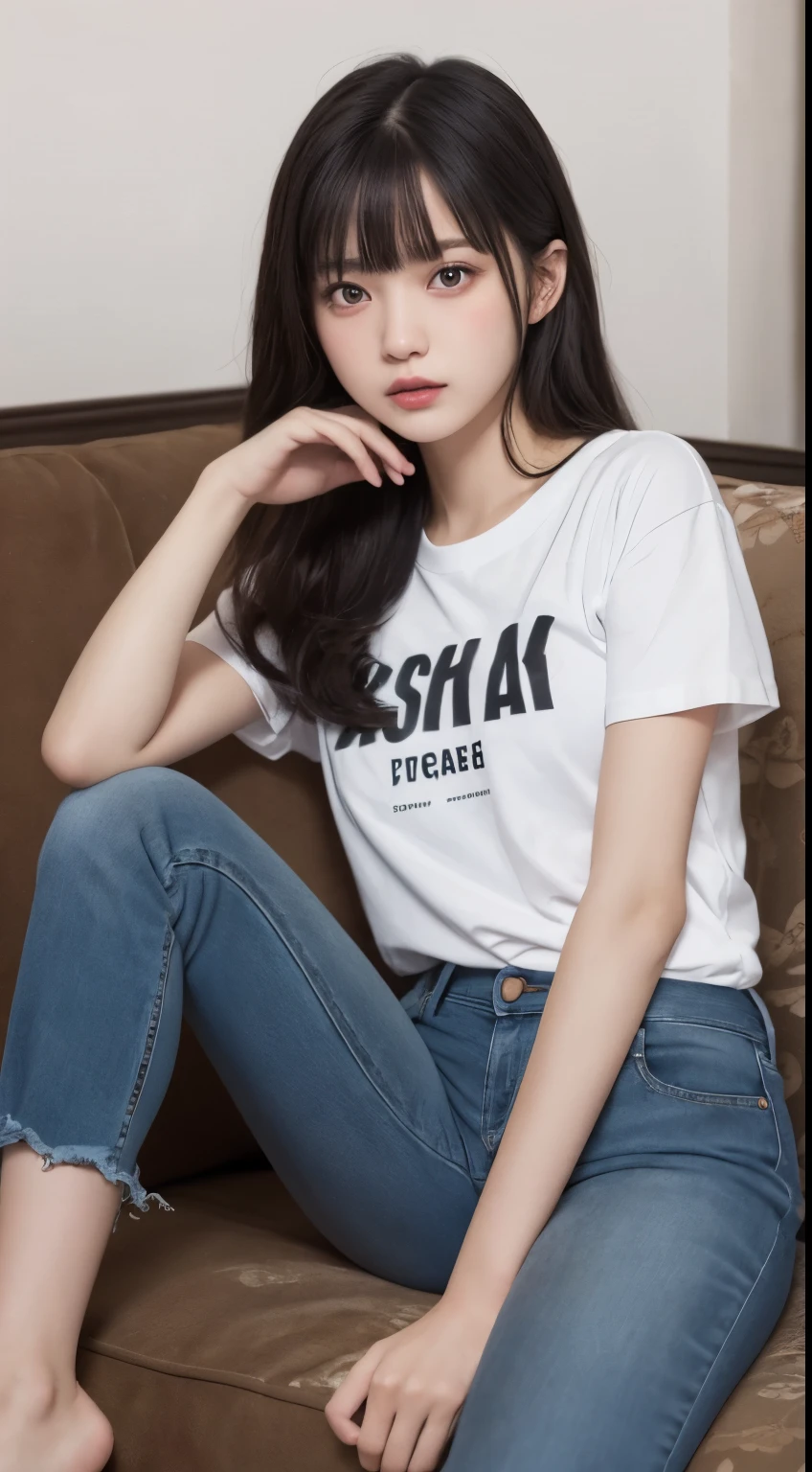 1 girl,alone,highest quality, masterpiece, 8K,born photograph, photograph (object), very detailed, born,realistic,sitting, looking at the viewer,jeans,white t-shirt,long hair,black hair, sofa,