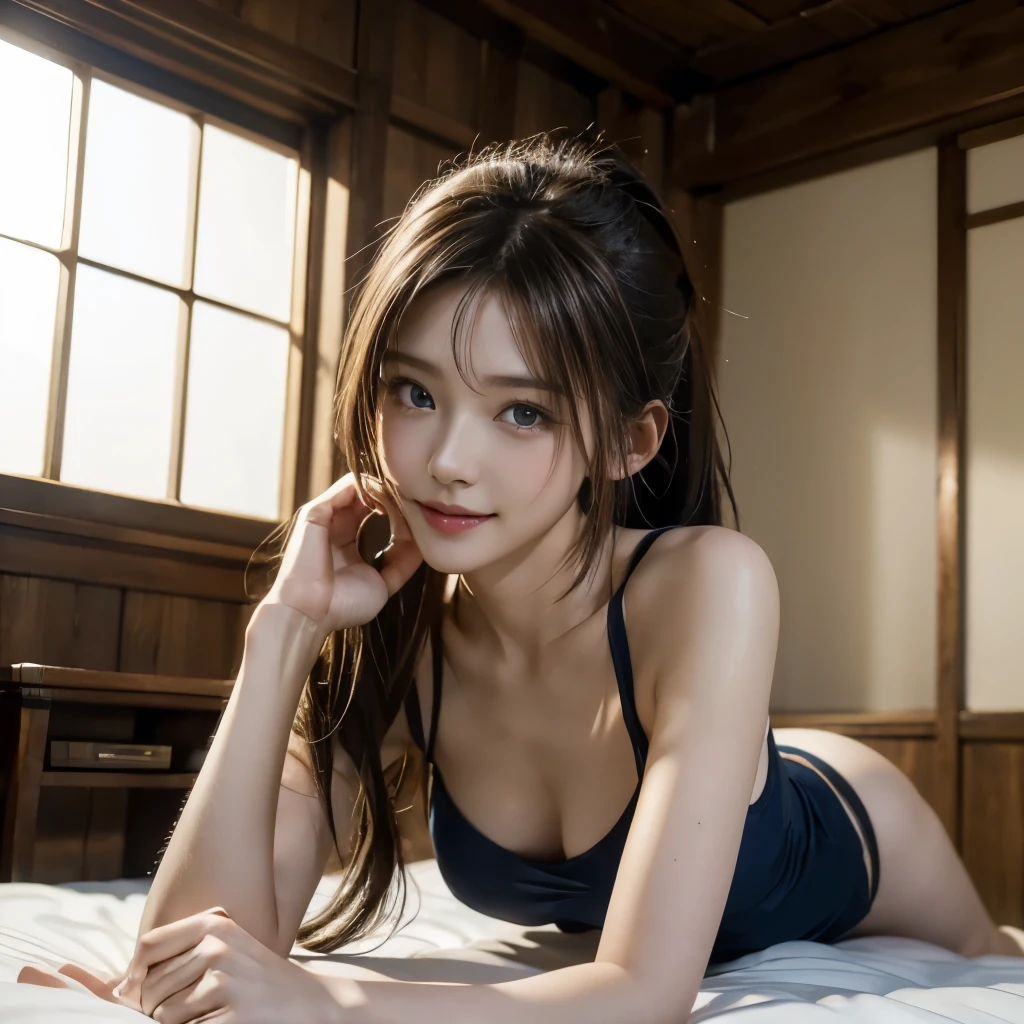 whiteＴshirt,wear blue briefs、 ponytail, japanese girl, legs spread、full body shot、8K, law pictures, highest quality, masterpiece, realistic, Photorealistic super detail, one girl, cute, best smile, beautiful eyes, long hair, perfect face,full body shot