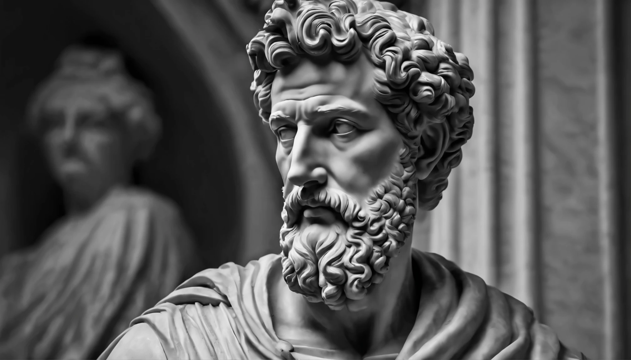 a portrait statue of the stoic Marcus Aurelius in black and white 4K,Face de lado, papel de parede super realista