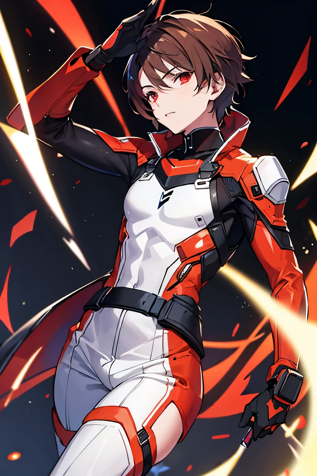 male　brown hair　short hair　red eyes　Hero Suit　Pose with movement　stage