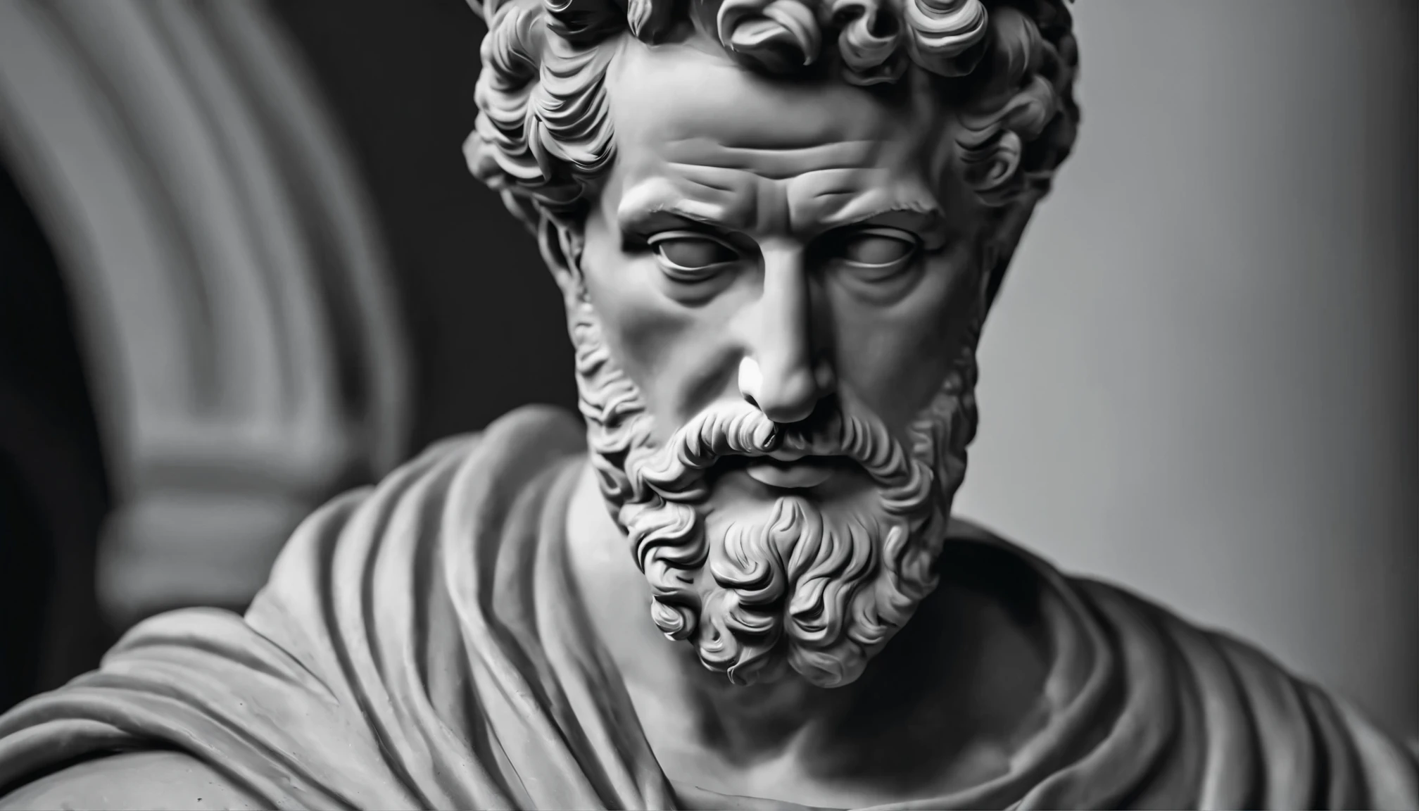 a portrait statue of the stoic Marcus Aurelius in black and white 4K,Face de lado, papel de parede super realista