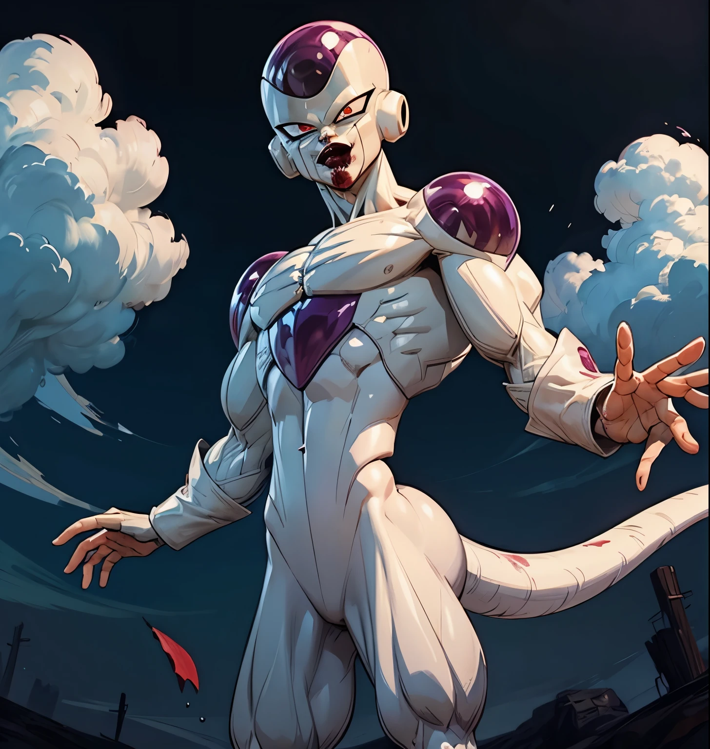 [(ES) ((masterpiece)) & (frieza), ((best illustration)) & ((extremely delicate and beautiful))),  high resolution,  cowboy shot, 1 boy, male focus, solo, red eyes, tail, watercolor:0.8, serious expression, black sky, night, creepy night sky, clouds at night, raining, very dark, covered in blood,])