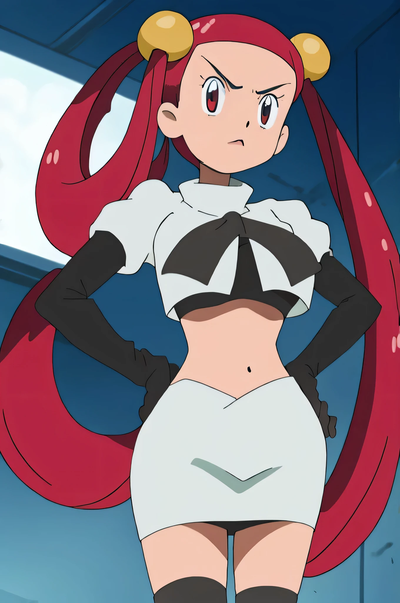8k, anime screencap,1girl in, (Solo:1.2), (Perfect body:1.1), (Best Quality:1.1), , very large breast, hands on hip,team rocket uniform, red letter r, white skirt,white crop top,black thigh-high boots, black elbow gloves, glaring angrily, looking at viewer, hands on hips,zettai ryouiki, Mira