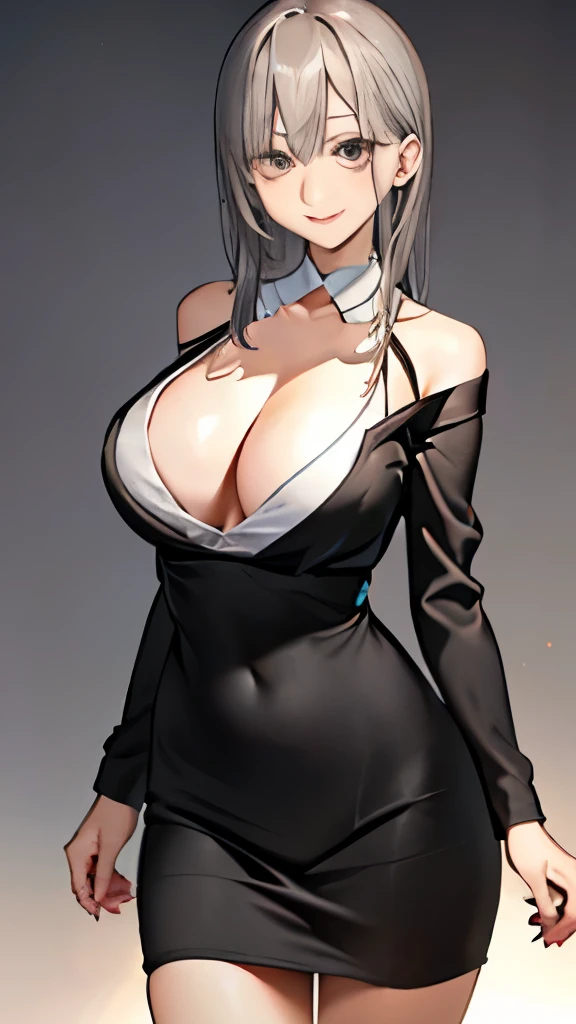 (masterpiece: 1.6, 最high quality), (fine and beautiful eyes: 1.2), (overhead), high quality, beautiful face, 1 girl, gray tight dress、thin、off shoulder、long sleeve, Long breasts、big breasts, long hair, wide hips, (landscaped),background, Detail background, creepy smile, smile at the corner of the mouth, long coat, shirt, tie, office lady,、big cleavage、Hotel、emphasize cleavage、bedroom、random pose、(((slender、thin waist、thin neck、thin arms、thin legs、thin body)))