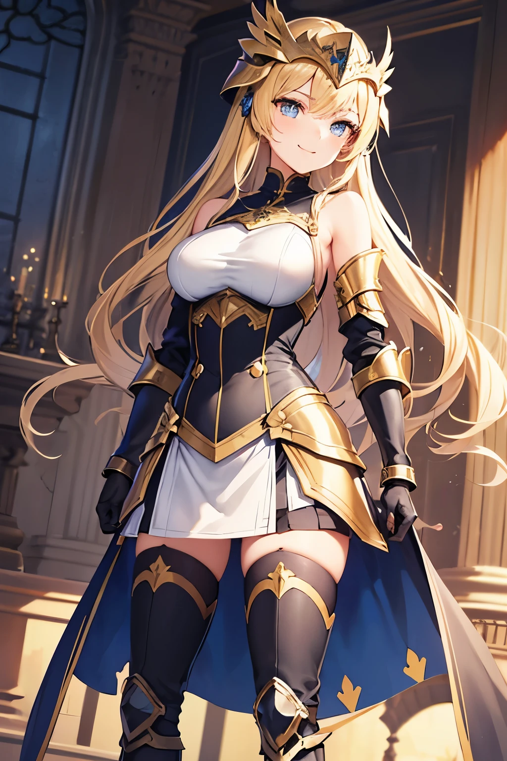 Detailed illustration, (detailed beautiful face) one kind lady, (kind smile 1), blonde drill hairstyle,  in valkyries helmet, in high neck valkyries armor without shoulder plates, in long gloves, steel boots, in stockings, calmly stand alone in castle room, casual pose,