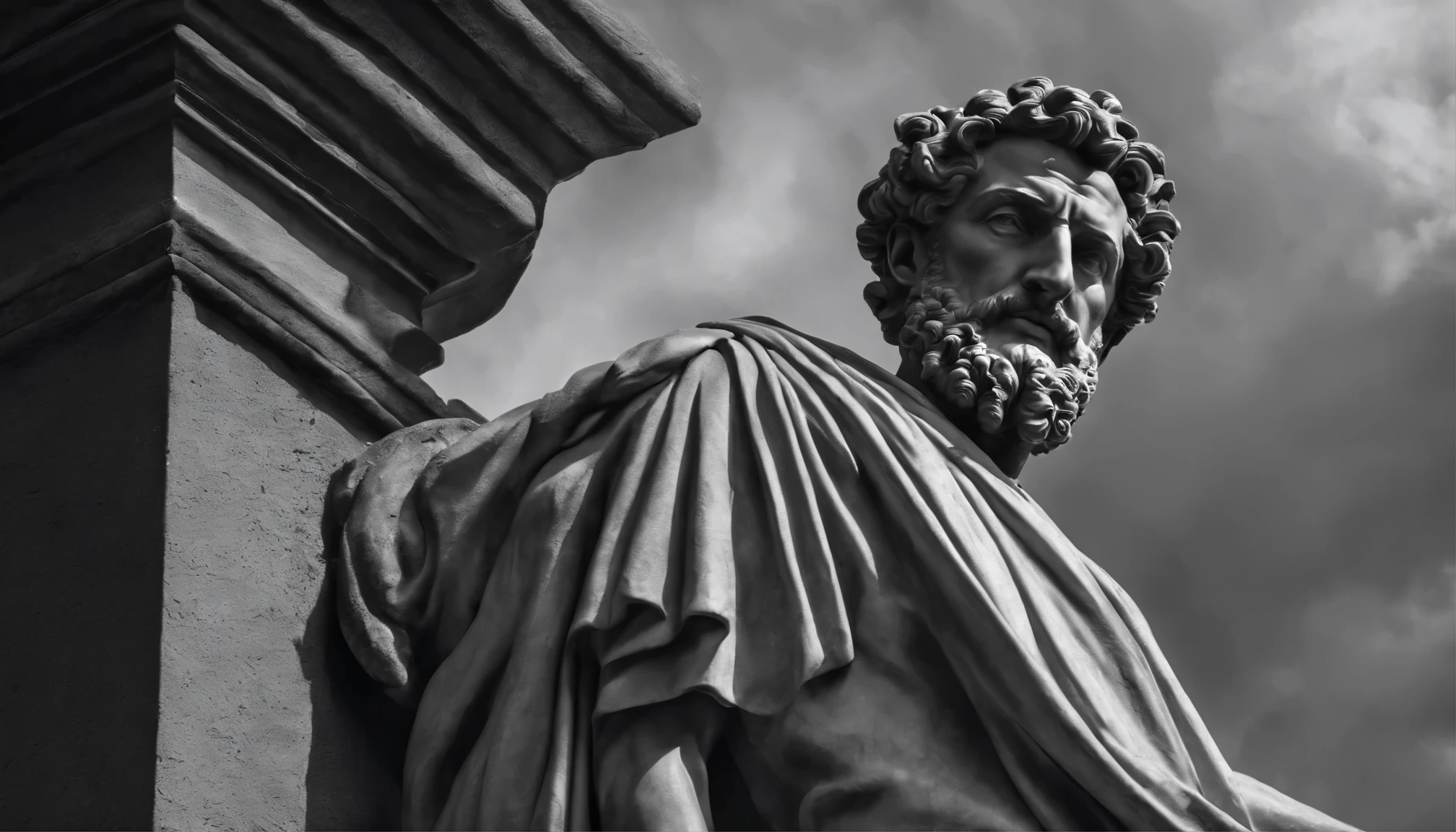 a portrait statue of the stoic Marcus Aurelius in black and white 4K,Face de lado, papel de parede super realista