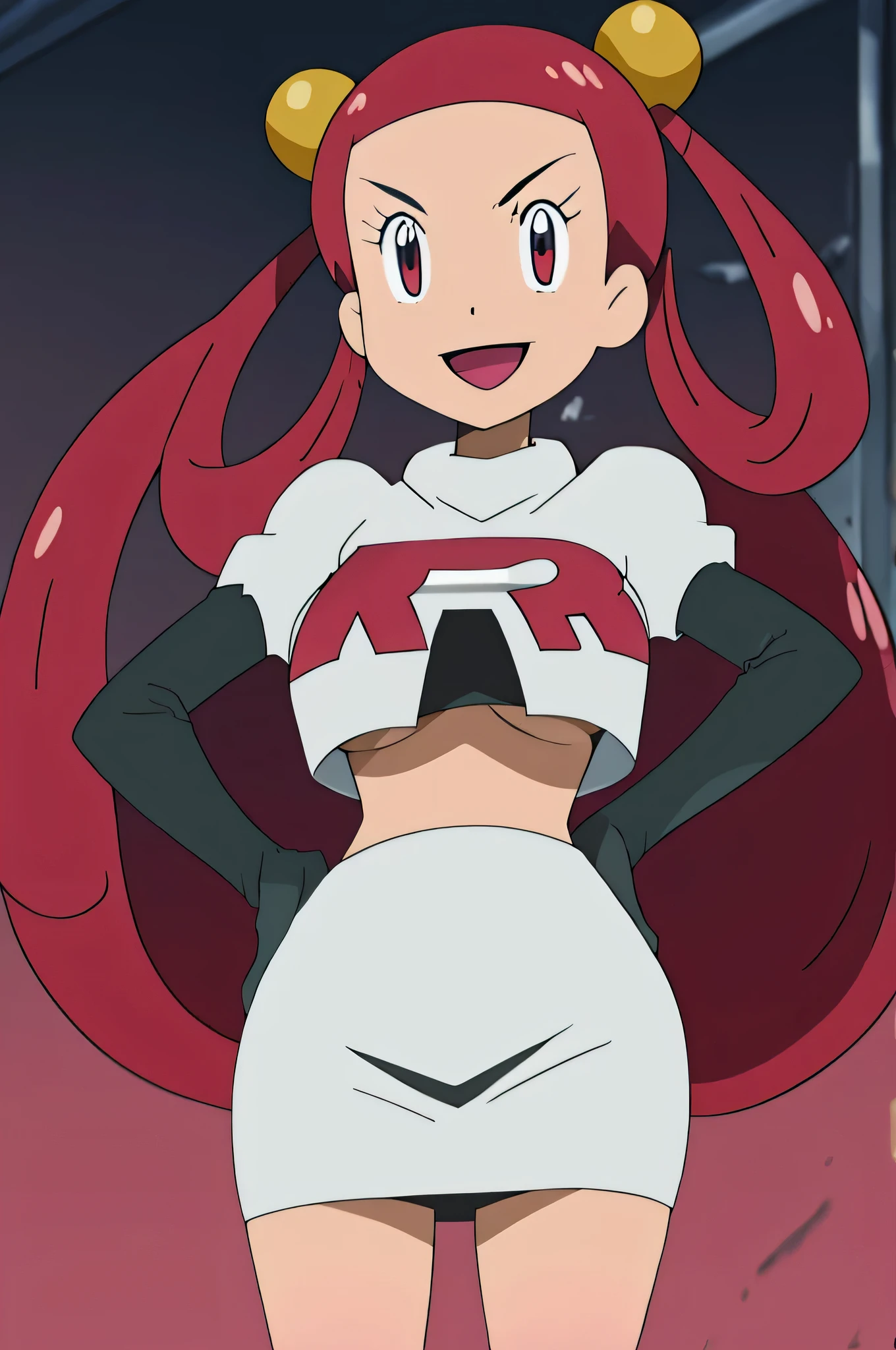 8k, anime screencap,1girl in, (Solo:1.2), (Perfect body:1.1), (Best Quality:1.1), , very large breast, hands on hip,team rocket uniform, red letter r, white skirt,white crop top,black thigh-high boots, black elbow gloves, evil smile, looking at viewer, hands on hips,zettai ryouiki, Mira