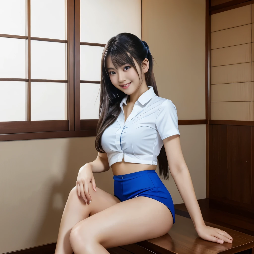 whiteＴshirt,wear blue briefs、 ponytail, japanese girl, legs spread、full body shot、8K, law pictures, highest quality, masterpiece, realistic, Photorealistic super detail, one girl, cute, best smile, beautiful eyes, long hair, perfect face,full body shot