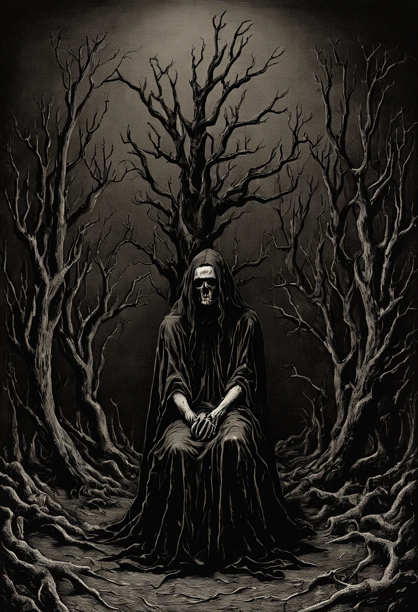 (((seen from far away, sitting besides a dead tree(((gravure from Gustave Dore and Greg Rutkowski)))))), (((black metal abum cover:1.9))), daguerreotype style vintage distressed black and white picture of a woman in a cemetery at night, {{{masterpiece}}}, best quality, {{top quality}}, (black metal album cover), black and white pencil ansel adams picture of the experience of madness in the context of depression. Depict this inner struggle through the image of a solitary figure in a dark and gloomy space, alone on a very dark cemetery (dead branches), with a facial expression (corpse painted woman, hands on the face, black dirt stained skin) reflecting sadness and despair. Use muted colors and cool tones to convey melancholy. Incorporate abstract elements that suggest a distorted perception of reality. The image should be both poignant and respectful towards those facing depression, kodak portra 800t, hasselblad, 35mm effect, film grain, motion blur, cinematic lighting, (technicolor vintage Analog photo by Rutkowski), alone very desperate woman, facing down crying, hands touching face in despair, depression, sadness , (midnight hour, high quality, film grain), dark terror, seen from far way, dark room, vintage aesthetics, barren garden of decay, hands touching face in despair