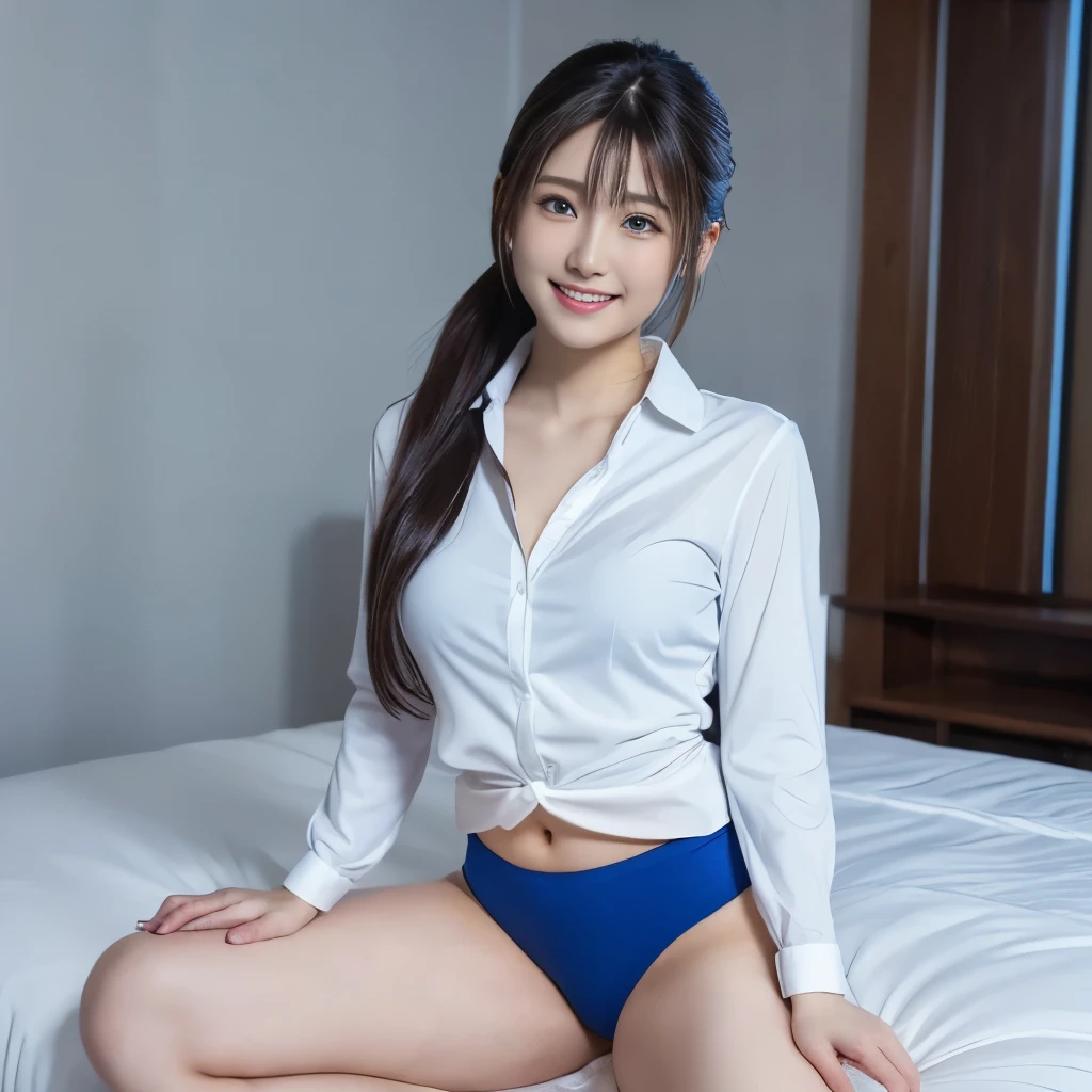 whiteＴshirt,wear blue briefs、 ponytail, japanese girl, legs spread、full body shot、8K, law pictures, highest quality, masterpiece, realistic, Photorealistic super detail, one girl, cute, best smile, beautiful eyes, long hair, perfect face,full body shot