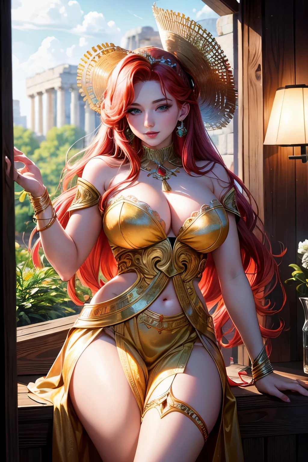 A captivating image of a beautiful Redheaded Aphrodite, the ancient Greek goddess of love and beauty. With her iconic red tresses cascading down to her shoulders, her radiant complexion glows under the soft, warm lighting. Her expressive hazel eyes are captivating, conveying a sense of love and allure. AR 9:16, ensure this high-definition image is of superior quality and rich in details, S2. (12MP), Canon EOS M50 Mark II, 50mm lens, F/1.8, nffsw, 4K, Wallpaper, Cinematic lighting, Hyper-realistic,