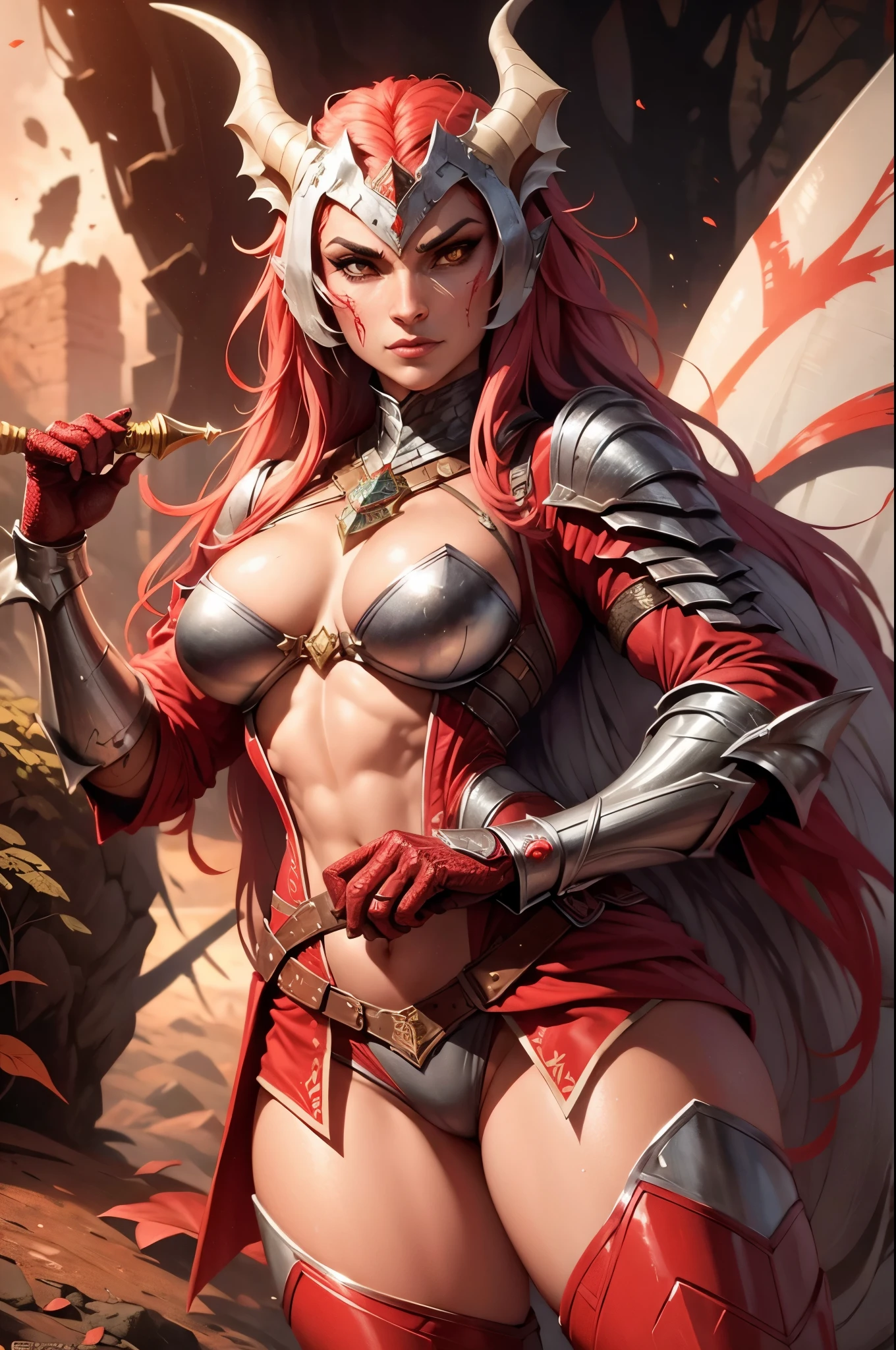 Uma draconato mulher de pele vermelha guerreira com armadura