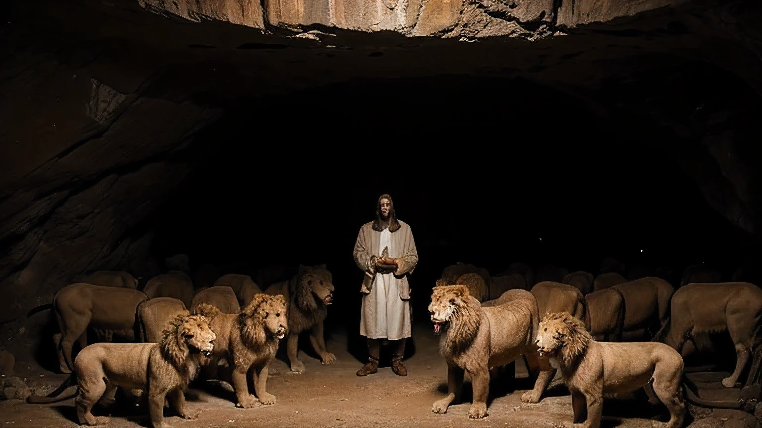man from the time of Christ surrounded by angry lions inside a cave