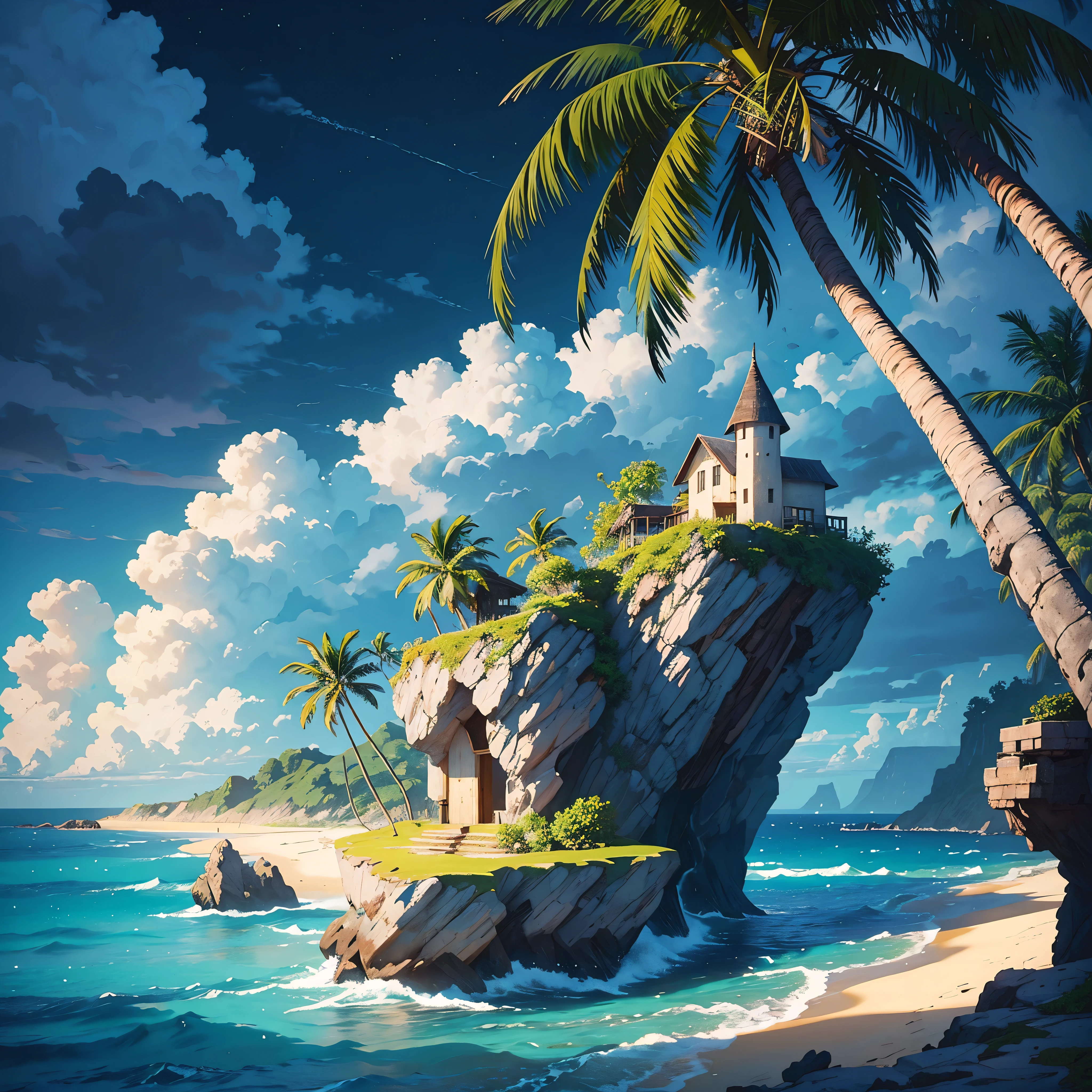 beautiful landscape, masterpiece, lonely old small fisherman shack at the top of a cliff in thunderstorm, isolated desert island with palm trees at rain night