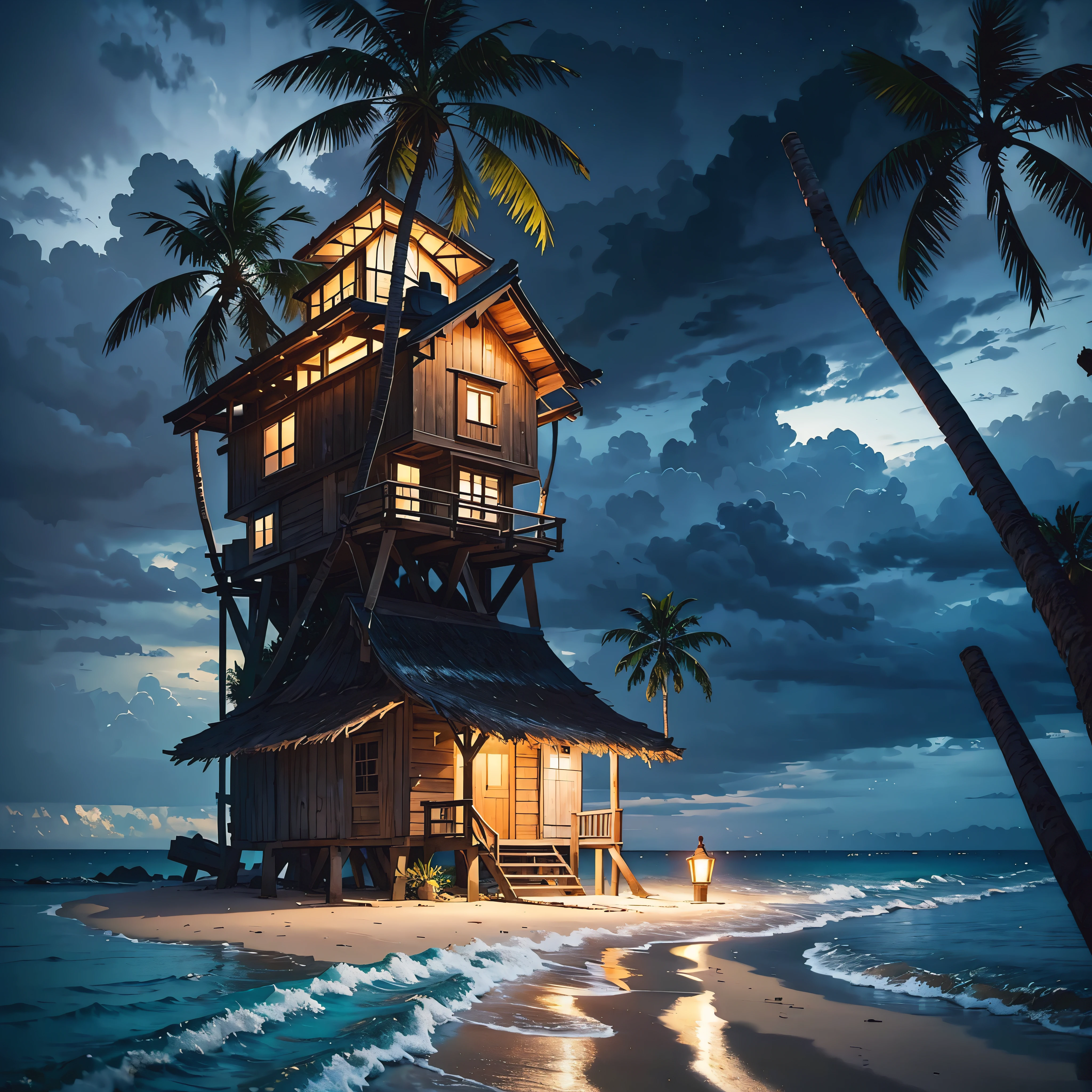  beautiful landscape, masterpiece, lonely old small fisherman shack in a beach in thunderstorm, isolated desert island with palm trees at rain night