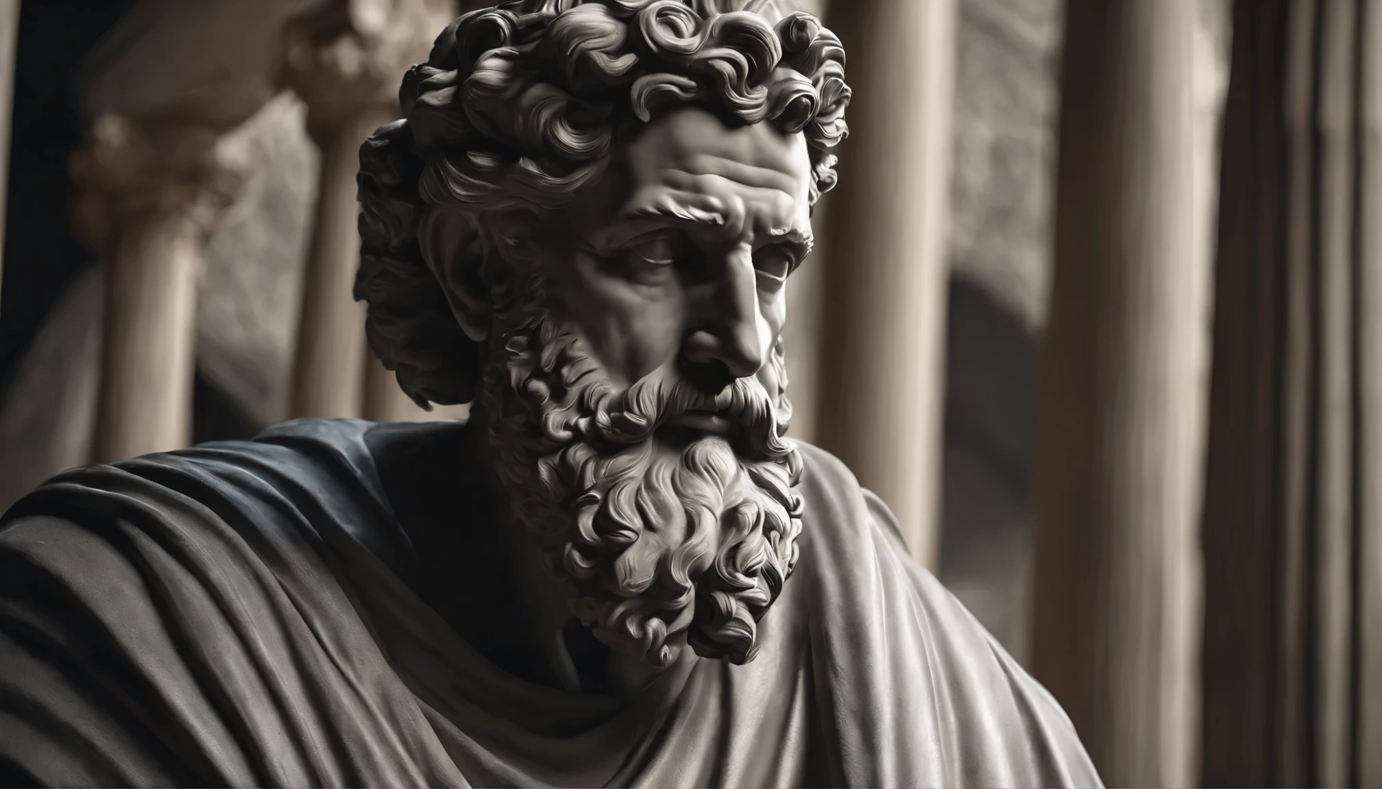 Marcus Aurelius, Close-up of a classical wise Greek philosopher, Statue in a temple, Postura estoica, deus grego, wisdom, cinematic feel, Preto e branco, ultra realistic, Ultra detalhado e artesanal em todos os aspectos, Escuro,  (8k, Foto RAW, melhor qualidade, master part: 1.2), (Realistic, fotorrealista: 1.37)