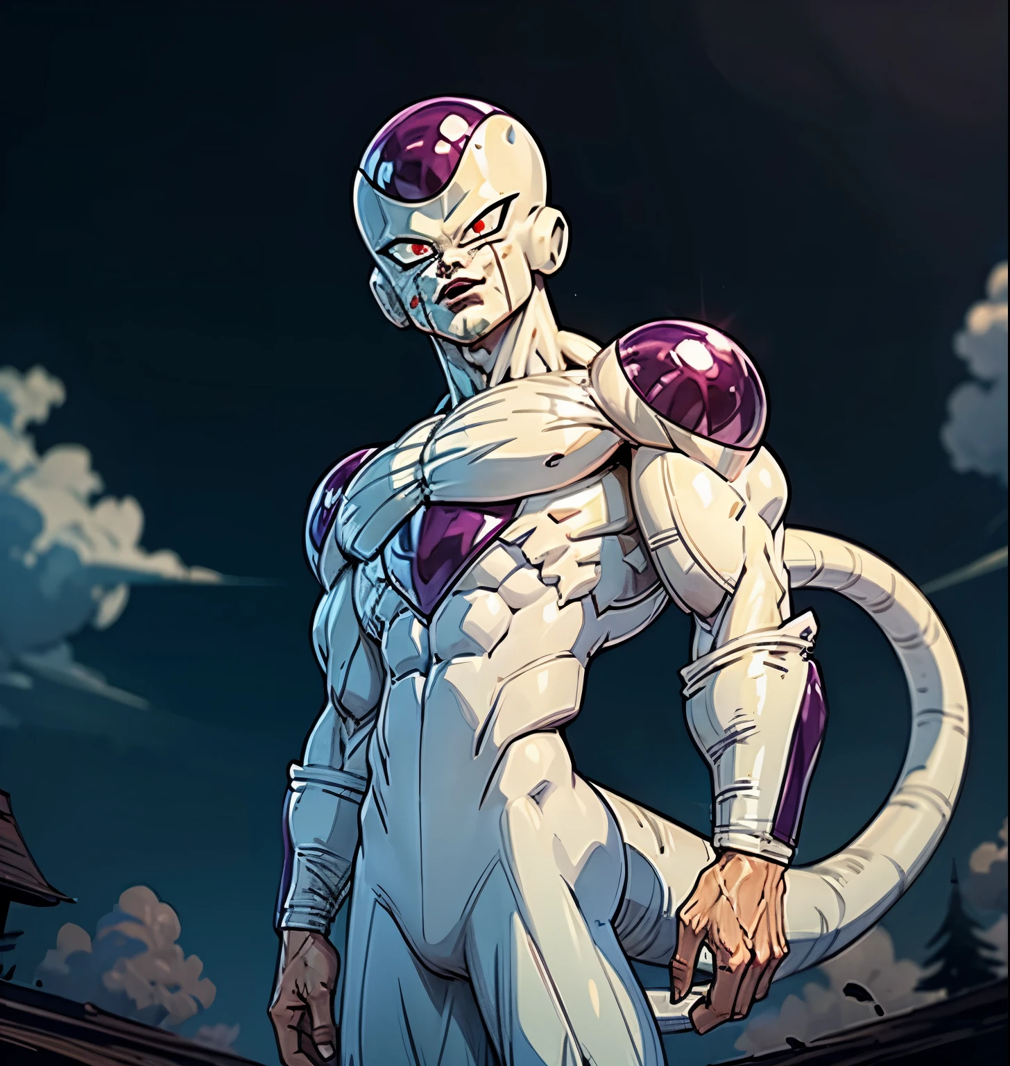 [(ES) ((masterpiece)) & (frieza), ((best illustration)) & ((extremely delicate and beautiful))),  ((bulky muscles)), (large shoulders), ((veiny)), (( large biceps)), hyper muscle, high resolution,  cowboy shot, 1 boy, male focus, solo, red eyes, tail, watercolor:0.8, serious expression, black sky, night, creepy night sky, clouds at night, raining, very dark, covered in blood,])