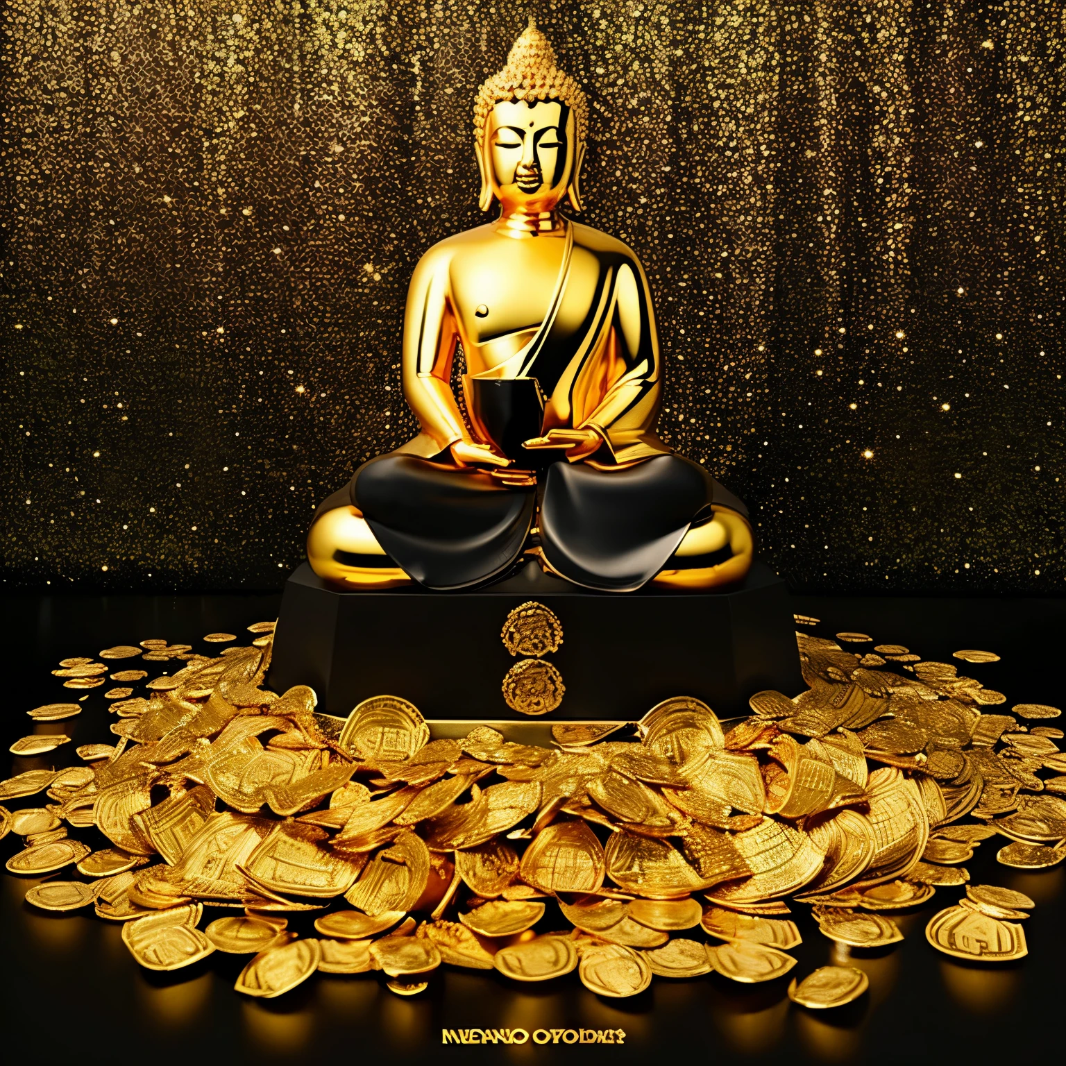 Golden Buddha status with lots of gold and bank note on a black and gold background