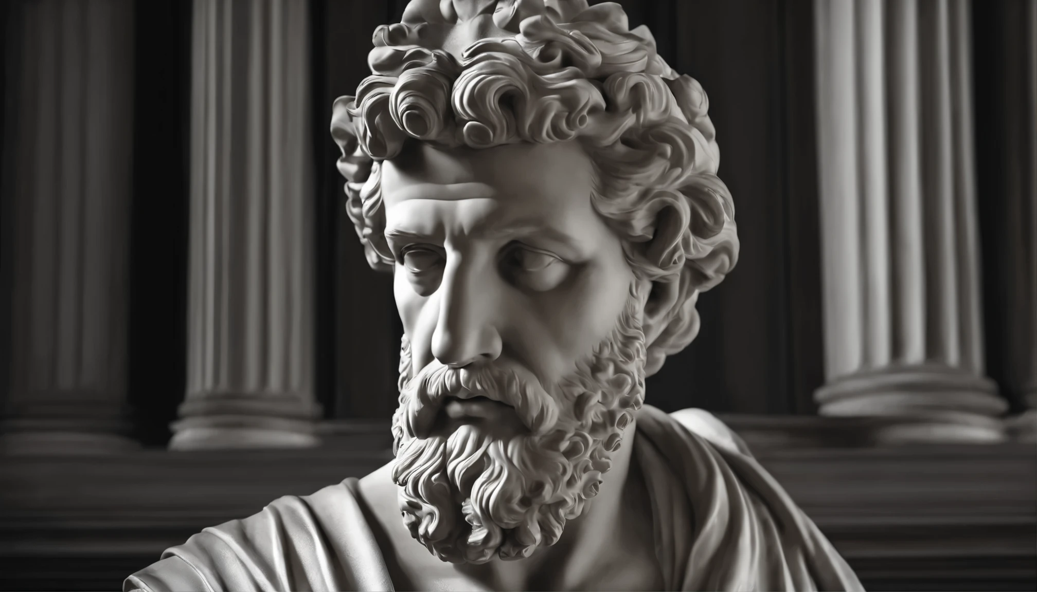 Marcus Aurelius, Close-up of a classical wise Greek philosopher, Statue in a temple, Postura estoica, deus grego, wisdom, cinematic feel, Preto e branco, ultra realistic, Ultra detalhado e artesanal em todos os aspectos, Escuro,  (8k, Foto RAW, melhor qualidade, master part: 1.2), (Realistic, fotorrealista: 1.37)