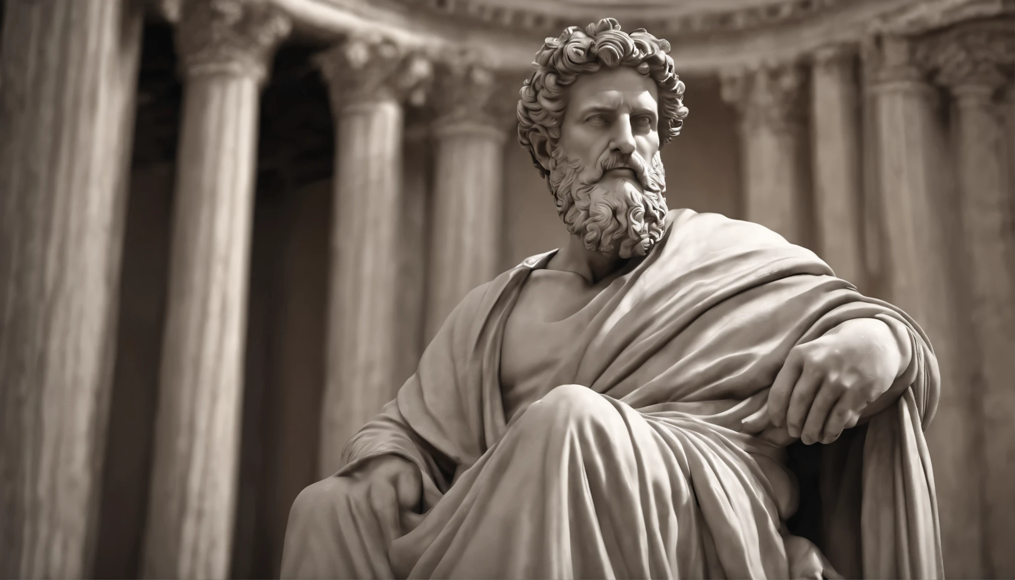 Marcus Aurelius, Close-up of a classical wise Greek philosopher, Statue in a temple, Postura estoica, deus grego, wisdom, cinematic feel, Preto e branco, ultra realistic, Ultra detalhado e artesanal em todos os aspectos, Escuro, (8k, Foto RAW, melhor qualidade, master part: 1.2), (Realistic, fotorrealista: 1.37)
