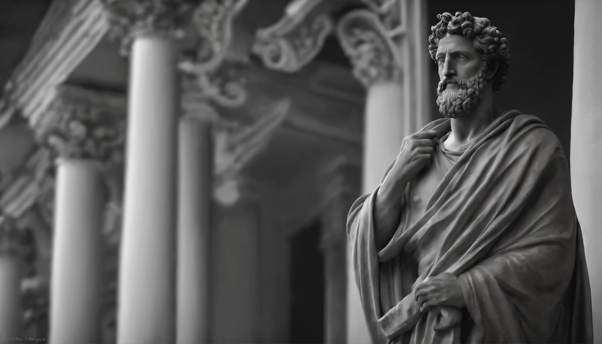 Marcus Aurelius, Close-up of a classical wise Greek philosopher, Statue in a temple, Postura estoica, deus grego, wisdom, cinematic feel, Preto e branco, ultra realistic, Ultra detalhado e artesanal em todos os aspectos, Escuro,  (8k, Foto RAW, melhor qualidade, master part: 1.2), (Realistic, fotorrealista: 1.37)