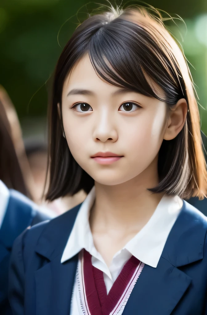 from outside, Lens 135mm f1.8,(Best Quality),(masutepiece:1.1), (Beautiful girl),japanaese girl, Cute face, ((flat chest)), (Small breasts), (Chiseled face:0.7), (hitornfreckles:0.6), Cute lips, Dappled sunlight, Dramatic Lighting, (Japan school uniform), (in a school), 上半身の写真、腰から上の写真、