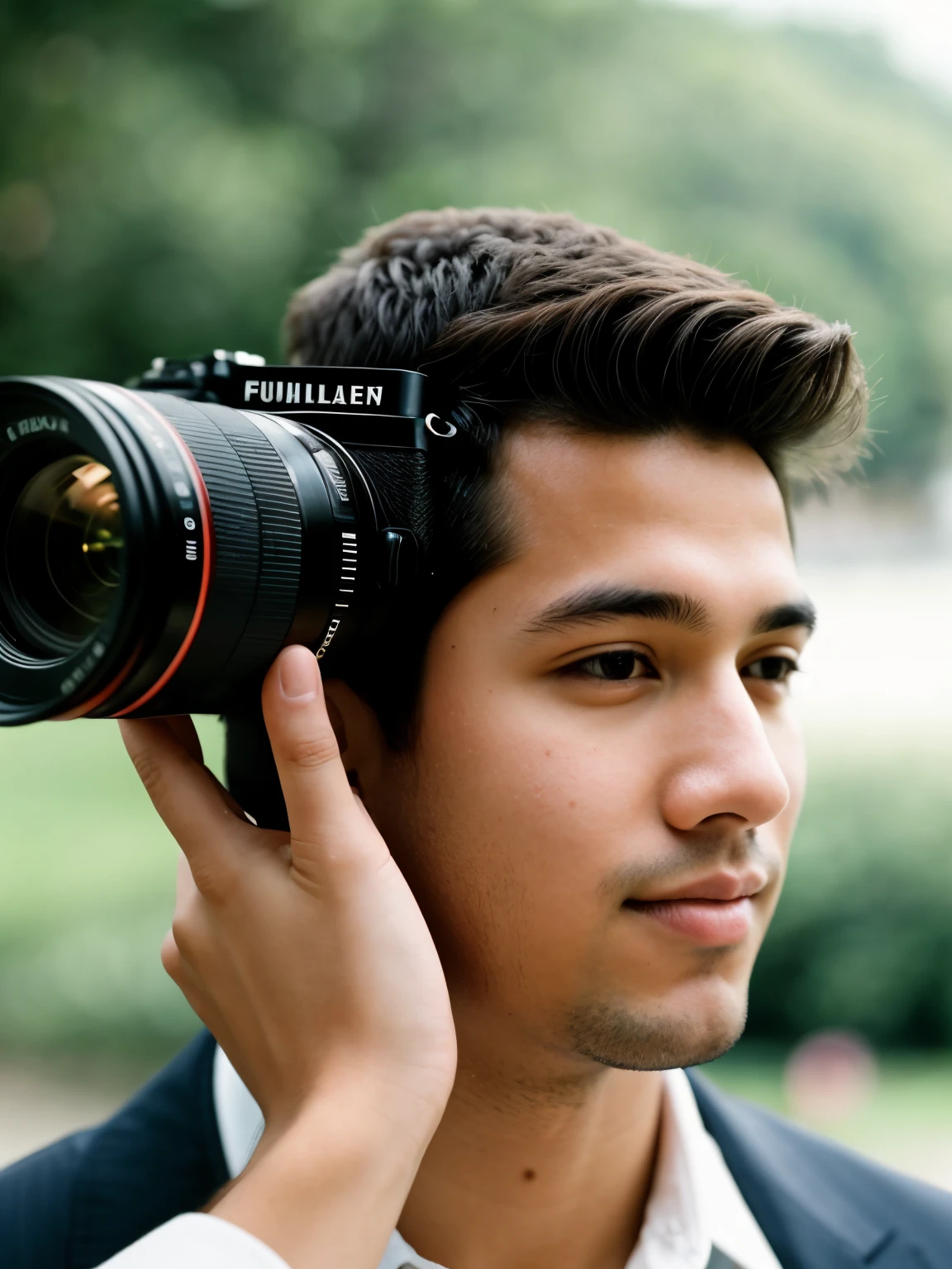 An image featuring a young man confidently holding a camera with both hands, posing as if ready to capture a memorable moment. He grips the camera properly with well-positioned fingers, ensuring stability and control. The photograph is taken from a side view with an eye-level angle, adding depth and perspective to the scene. The close-up shot is taken using a high-performance 85mm f1.4 lens, creating a beautifully blurry bokeh background that elegantly isolates the subject. The tone of the image resembles the exquisite Fujifilm Industrial 400, known for its rich tones and fine grain texture. The final product results in high-quality,