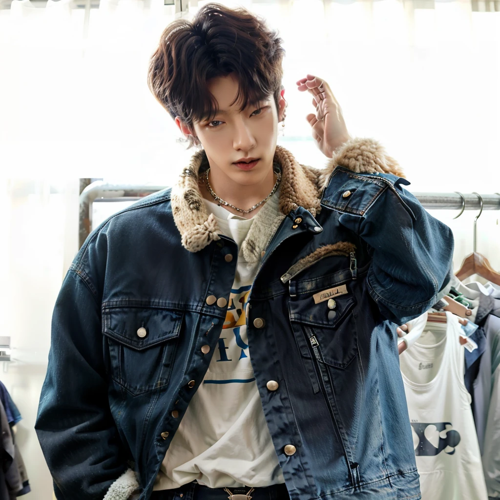 arafed man in a mezclilla chaqueta and jeans standing in front of a rack of clothes, kim doyoung, jungkook, hyung tae, Jinyoung Shin, Jung Jaehyun, Won Bin Lee, marca lee, pintar ulzzang, TaeJune Kim, mezclilla, diez lee, wearing a jeans chaquetas, chaqueta, hong junio hyung, lookbook, jean chaqueta