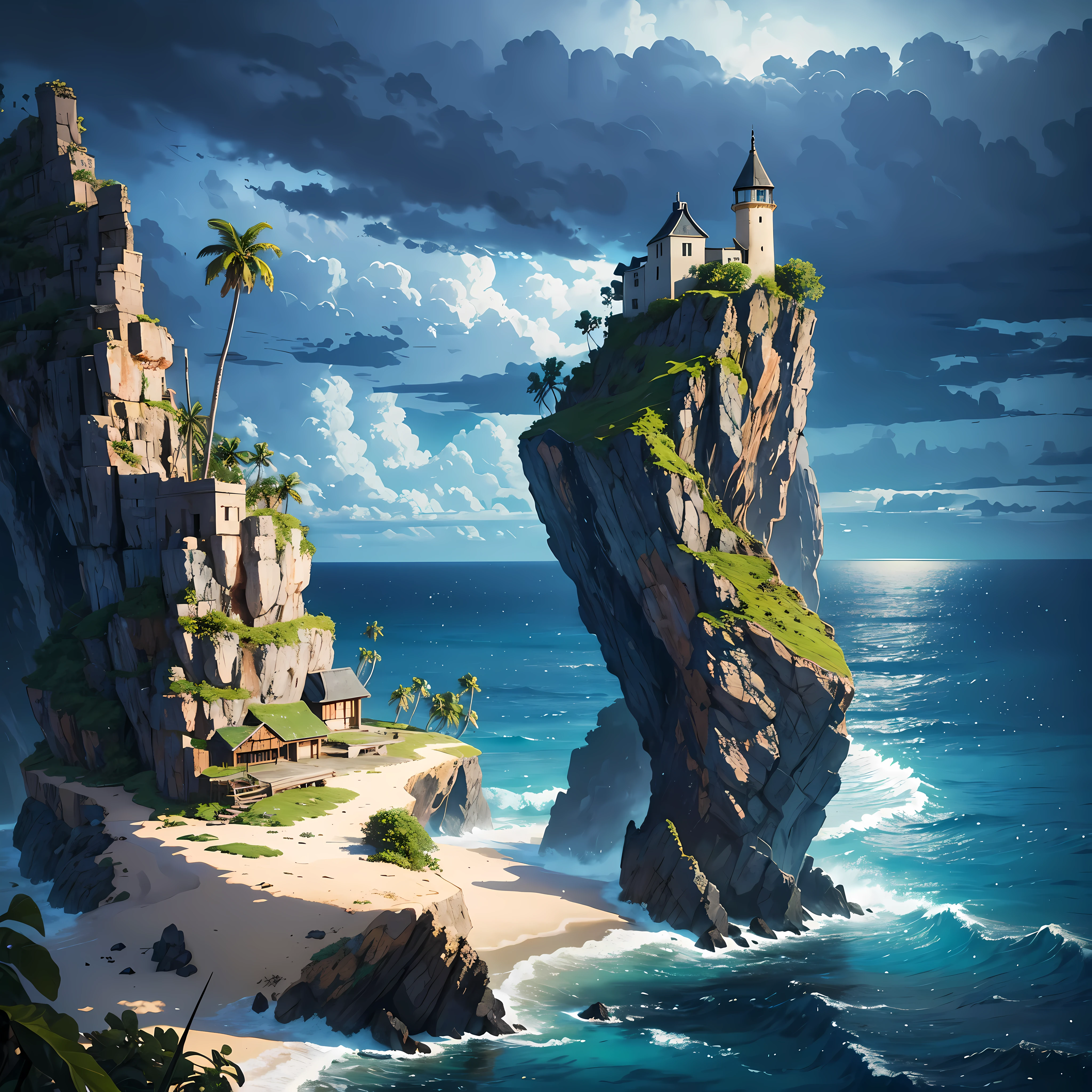  beautiful landscape, masterpiece, lonely old small fisherman shack at the top of a cliff in thunderstorm, storm, isolated desert island with palm trees rain night