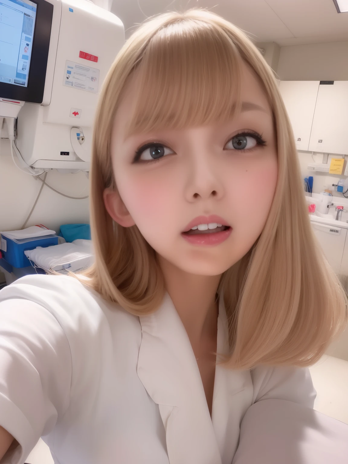 At the hospital,white nurse uniform,cross-eye,huge tit,Stardown,sob ,very excited,suffocate,I can't breathe,climax,climax,it's almost gone,Take out,frown,blush,trembling,I can not stand it,masturbation