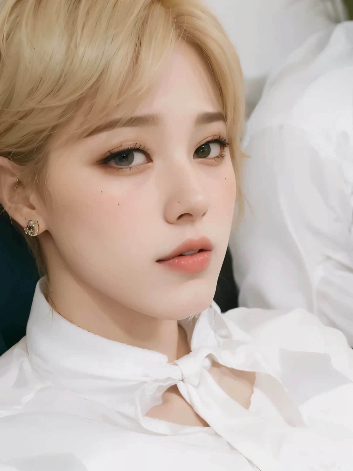 um close jimin vestindo uma camisa branca, Jimin\the full lips, park Jimin, Jimin\the right eyelid is swollen, Jimin\o nariz grego, accurate Jimin face, Jimin, park jimin, androgynous appearance, olhos puxados, labios rosados, ear piercingsblonde hair and handsome prince jimin bts, olhos azuis e boca linda