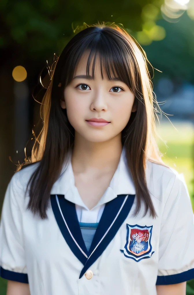 from outside, Lens 135mm f1.8,(Best Quality),(masutepiece:1.1), (Beautiful 14 year old girl),japanaese girl, Cute face, ((flat chest)), (Small breasts), (Chiseled face:0.7), (hitornfreckles:0.6), Cute lips, Dappled sunlight, Dramatic Lighting, (Japan school uniform), (in a school), 腰から上の写真、立っている、身体は視聴者の方向を向く、