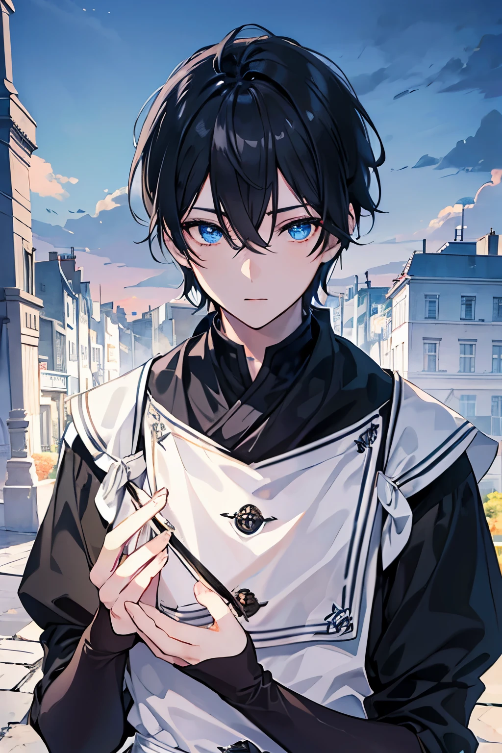 male black hair blue eyes very short hair one person stone wall city stage city下町 overlooking the city masterpiece Highest image quality noise removal clear parts cinematic shadow Increased attractiveness of the eyes clear parts the shine of the eyes Draw eyelashes neatly perfect eyes detailed eyes Sharpen image quality Sharpen eye writing clear parts eye shape