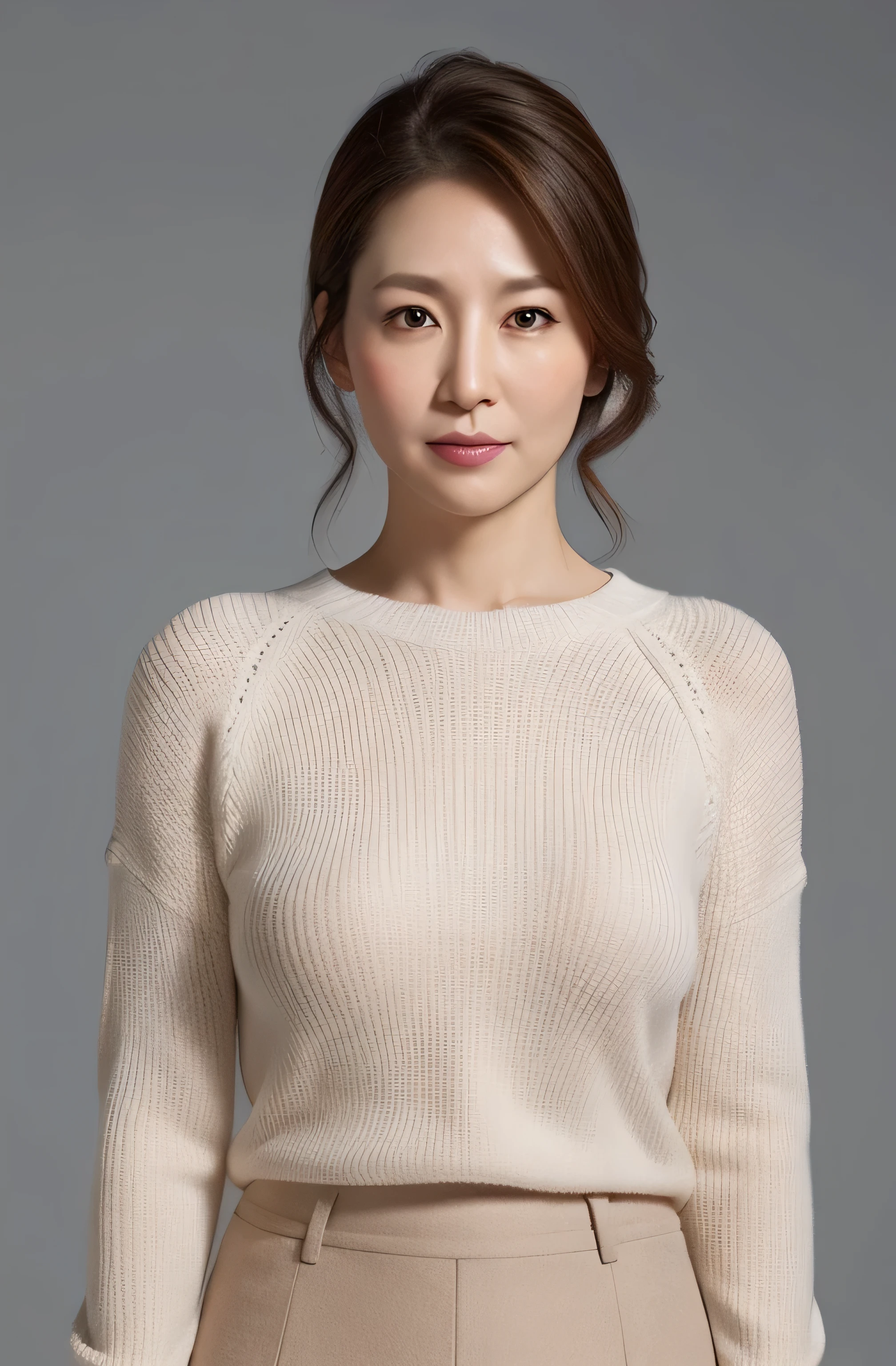 High resolution, High level image quality, high detail, masterpiece, rough skin, anatomically correct, sharp, gray background、 ((japanese mature, 35 years old)), alone, ((facial wrinkles)), good shape big breasts, Straight light brown hair that reaches to the shoulders, Chubby body type (((stand upright, facing the center of the screen.))), Close your mouth and look straight ahead with a serious face, white sweater, skirt, ((cowboy shot)),