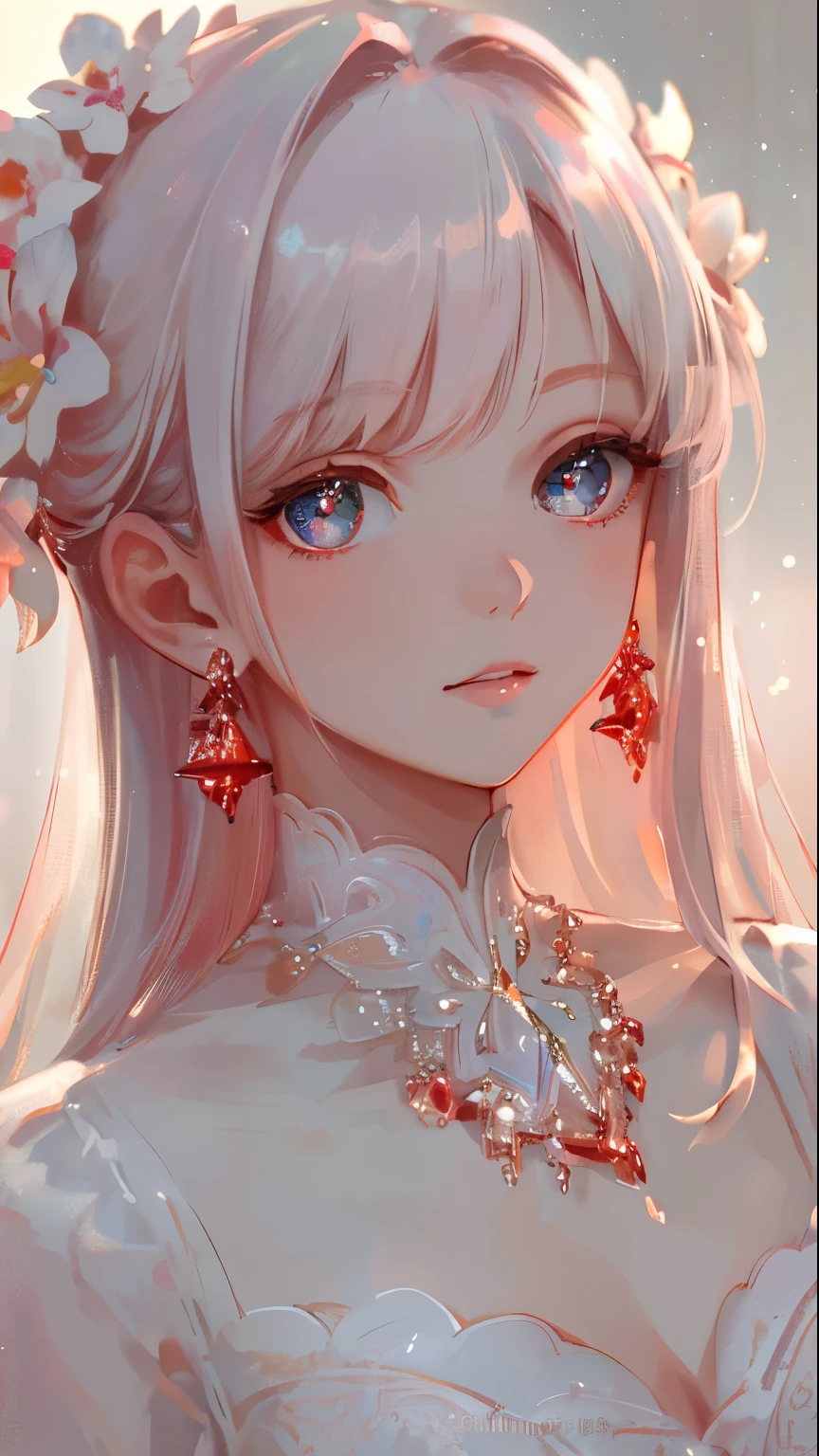 masterpiece, highest quality, figure, red, platinum earrings, Platinum Necklace, white dress, 1 girl, cute, (dynamic lighting:1.2), cinematic lighting, delicate features, fine eyes, sharp pupils, good shape big breasts, realistic student, Depth of bounds written, Bokeh, sharp focus, (very detailed, bloom, shine:1.4), Many Small Gems