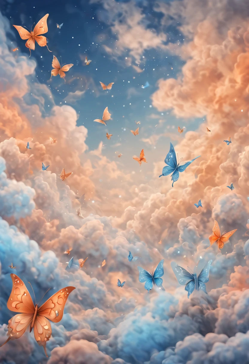 Magical, soft tones, clouds with orange, blue, gray, brown colors, detail, magical butterfly close up, thousand of small silhouettes of (magical fairies) in the sky like particles flowing in the air,