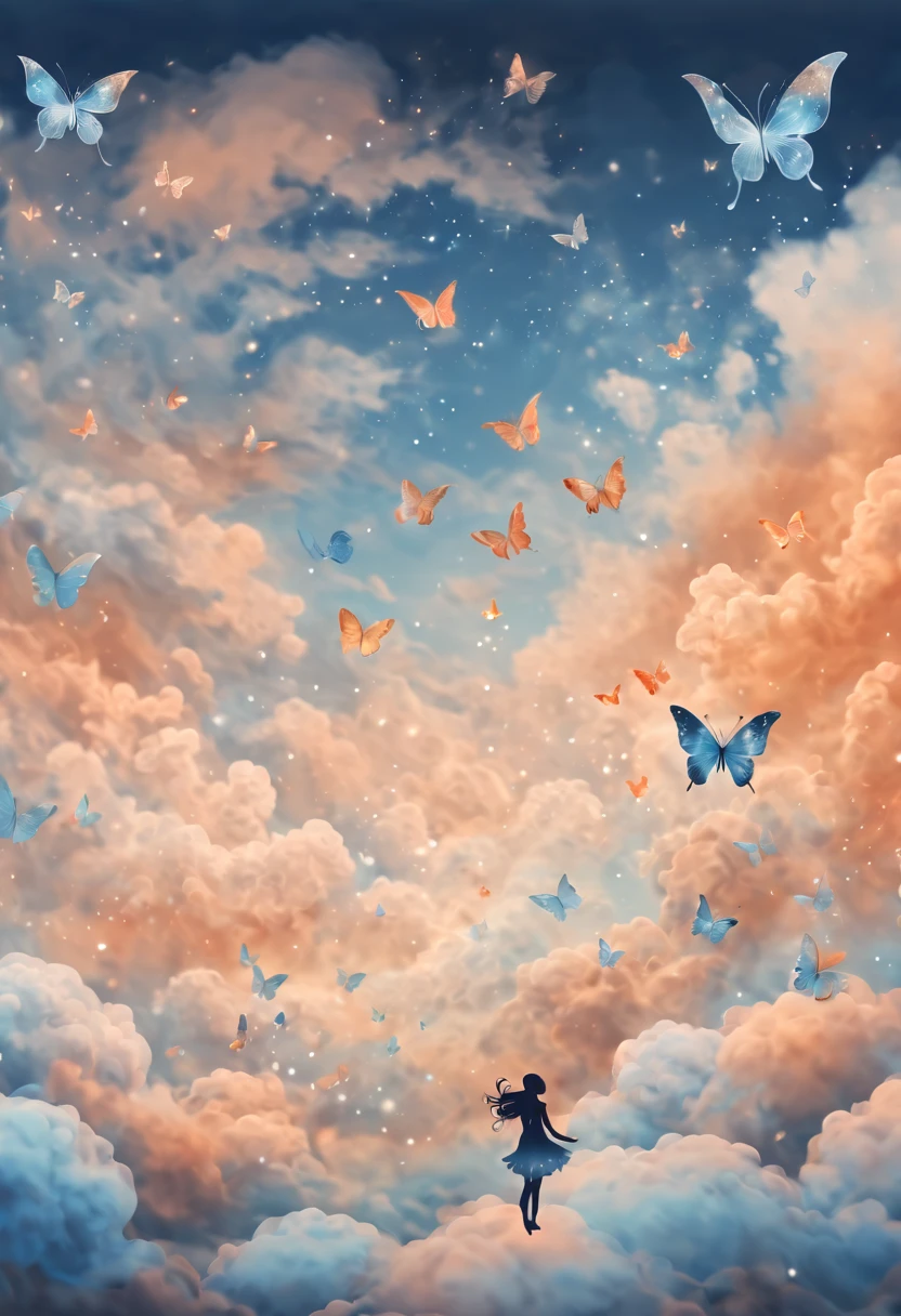 Magical, soft tones, clouds with orange, blue, gray, brown colors, detail, magical butterfly close up, thousand of small silhouettes of (magical fairies) in the sky like particles flowing in the air,