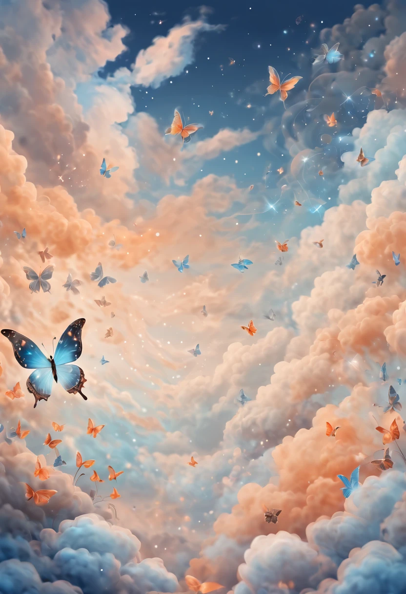 Magical, soft tones, clouds with orange, blue, gray, brown colors, detail, magical butterfly close up, thousand of small silhouettes of (magical fairies) in the sky like particles flowing in the air,