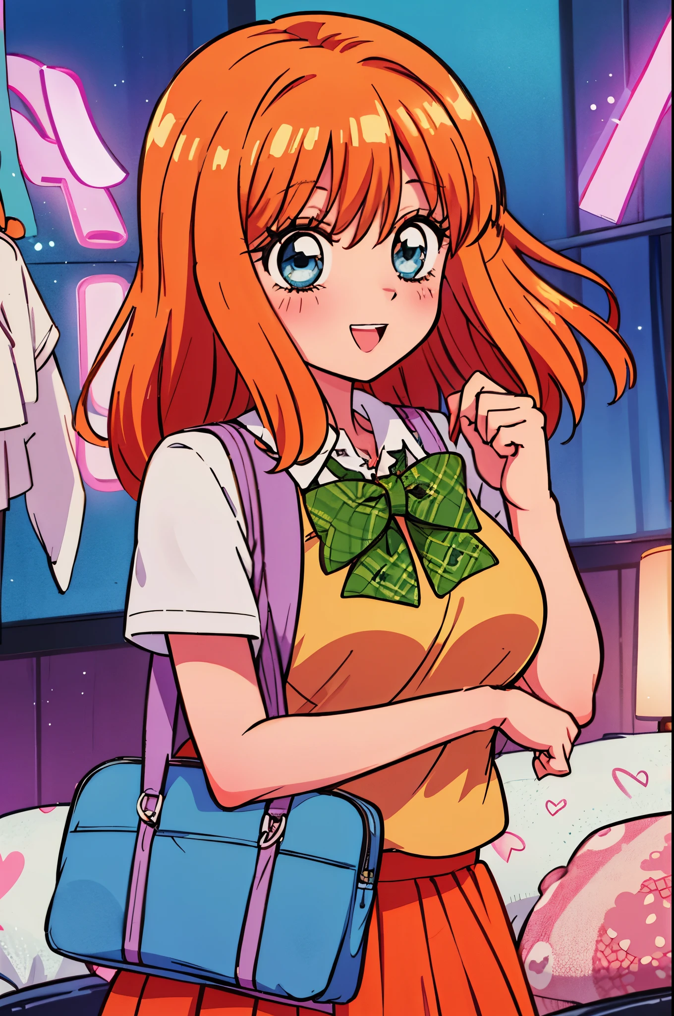 Vintage anime girl, 90's anime style, old animes, noise, chromatic aberration, good quality, old anime, naoko takeuchi style, vintage anime, sparkling big eyes,  sfw, pretty age girl with orange shoulder length hair, heart shaped lips and blue eyes making a cute face, laughing, japanese facial traits, asian facial traits, aayotsuba, Nakano Yotsuba from The Quintessential Quintuplets, real life Yotsuba Nakano, masterpiece, 4k, ultradetailed, cowboy shot, nakano yotsuba, shoulder length straight orange hair, straight hair, blue eyes, sparkling eyes, green hair bow ribbon, green bowtie, yellow sleeveless sweater, collared white shirt, green pleated skirt, school uniform, laughing happily