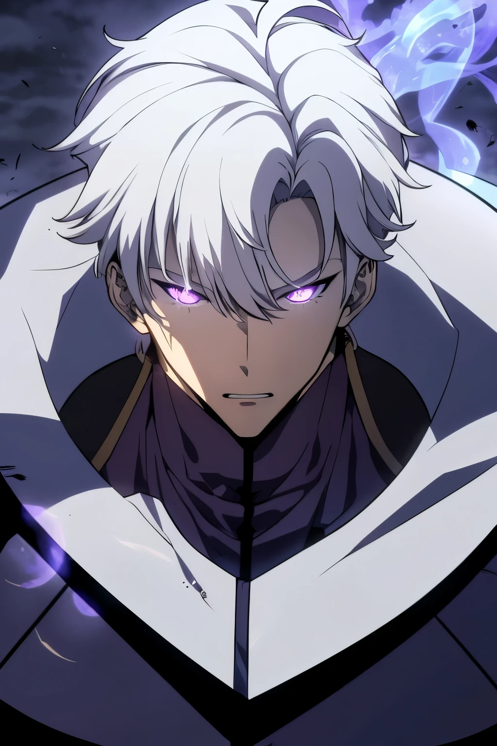 ((1boy)),solo leveling, ((White haired)), Standing in the middle of the battlefield, highres,high quality,realistic, masterpiece,has a purple aura outside his clothes, wearing a Black,costume, l, angry ,badas, perfect fingers,face to face,close mouth, depth of field, sketch, dark intense shadows, sharp focus, soft lighting, hdr, colorful, good composition, smoke all around, spectacular, closed shirt, anime screencap,