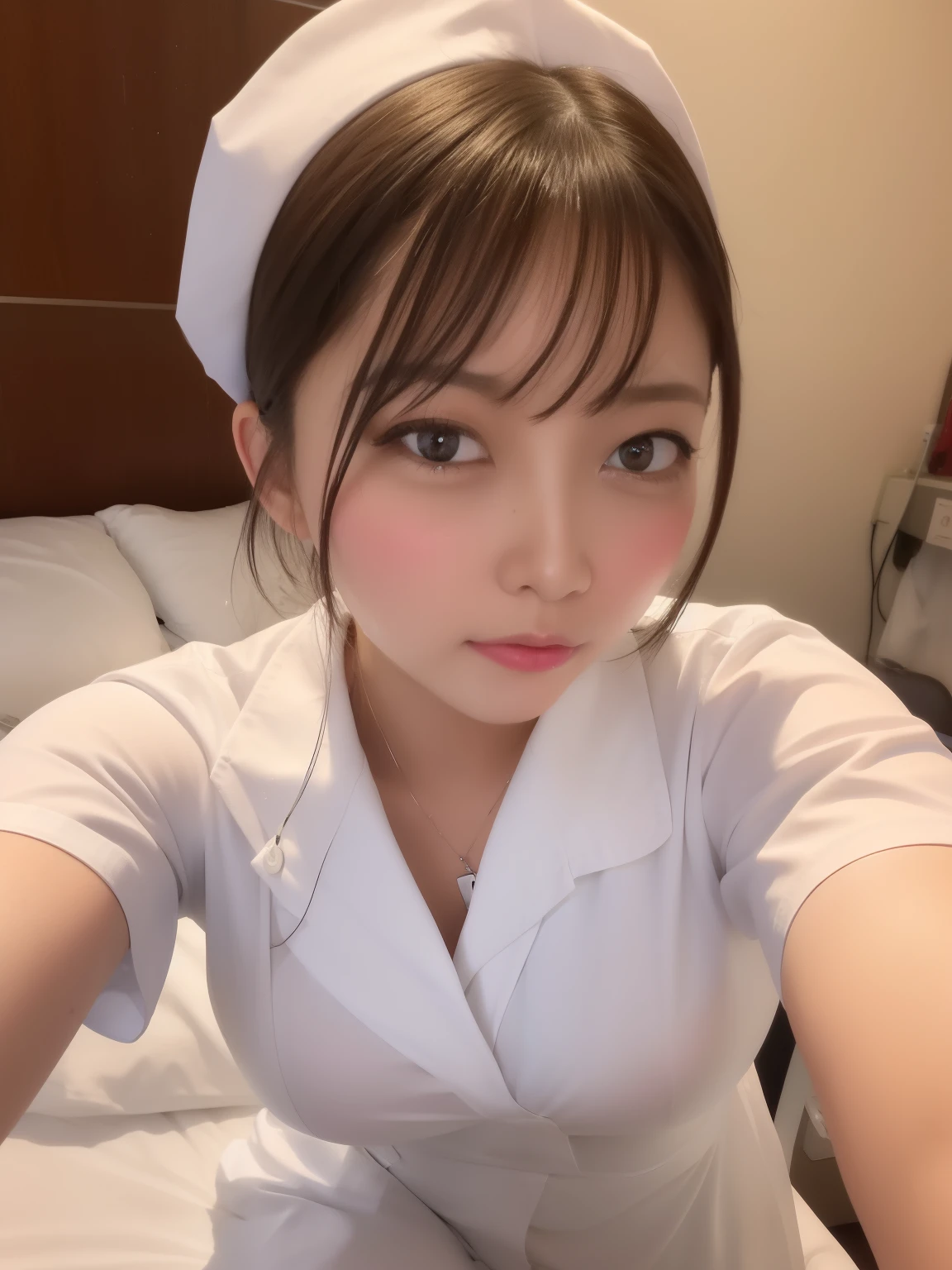 At the hospital,white nurse uniform,cross-eye,huge tit,Stardown,sob ,very excited,suffocate,I can't breathe,climax,climax,it's almost gone,Take out,frown,blush,trembling,I can not stand it,female masturbation、lie down on the bed、nsfw