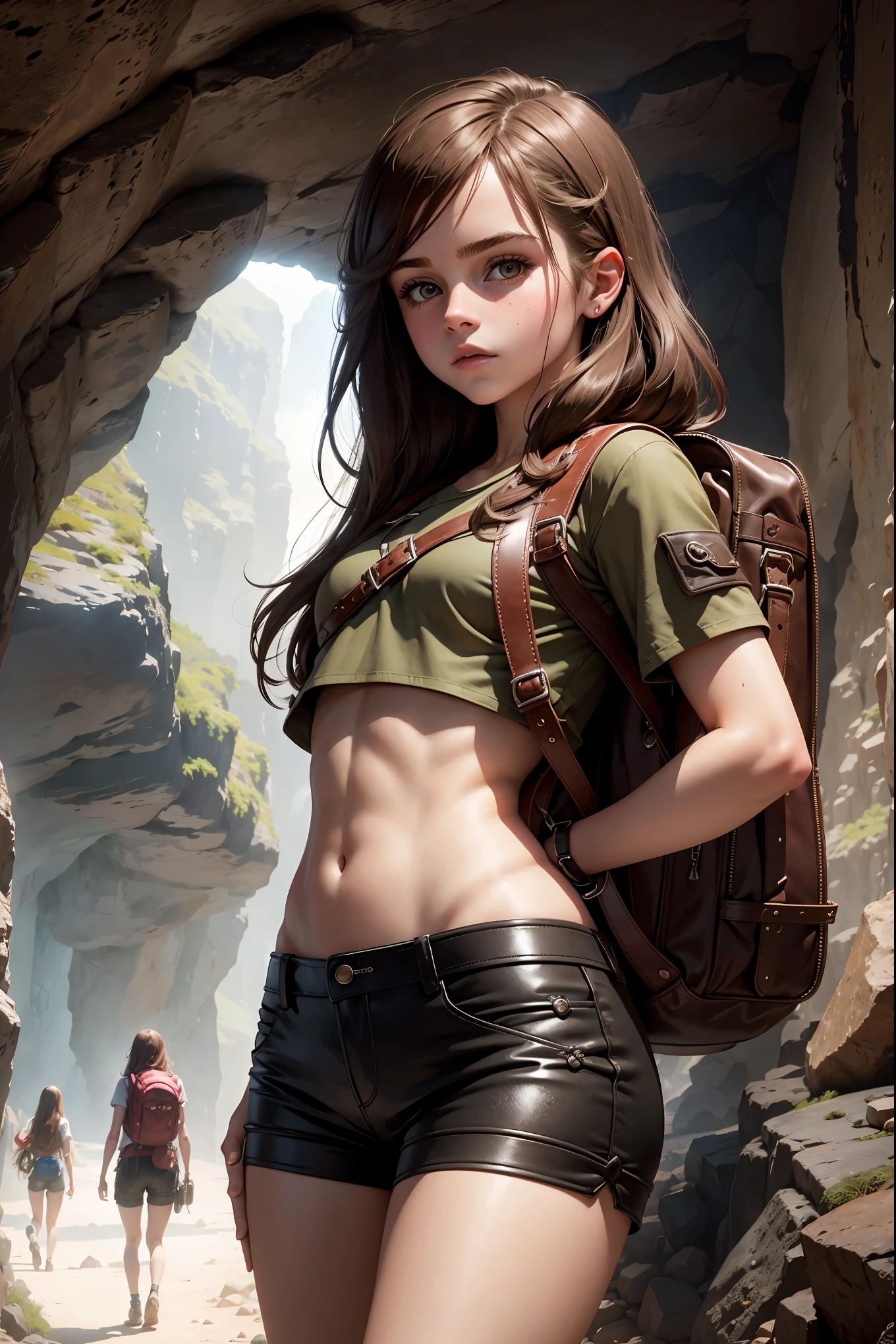 An explorer emma watson inside a cavern. long hair. intricate leather shorts, crop top. backpack. walking. --s 1000